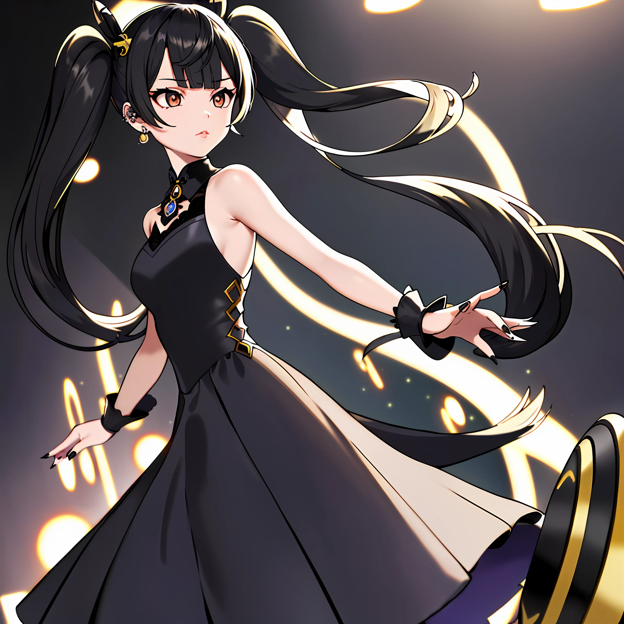 (Masterpiece, Top Quality, Best Quality: 1.2), Professional Lighting, Photon Mapping, Radiosity, Physically Based Rendering, 1 Girl, Full Body, Absurdity, High Resolution, 1 Girl, Ken Sugimori (Style\), Alternate Costume, Artist Name, Bangs, Black Dress, Black Hair, Cheeks, Cone Hairpan, Detached Collar, Detached Sleeves, Double Pans, Dress, Ear Piercings, Genshin Impact, Hair Pier, Hug, Hair Hug, Jewelry, Kenchin\(Genshin Impact\), Lips, Long Hair, Look at the Beholder, Manicure, Manicure, Nail Polish, Nose, Piercing, Solo, Twin Tails,