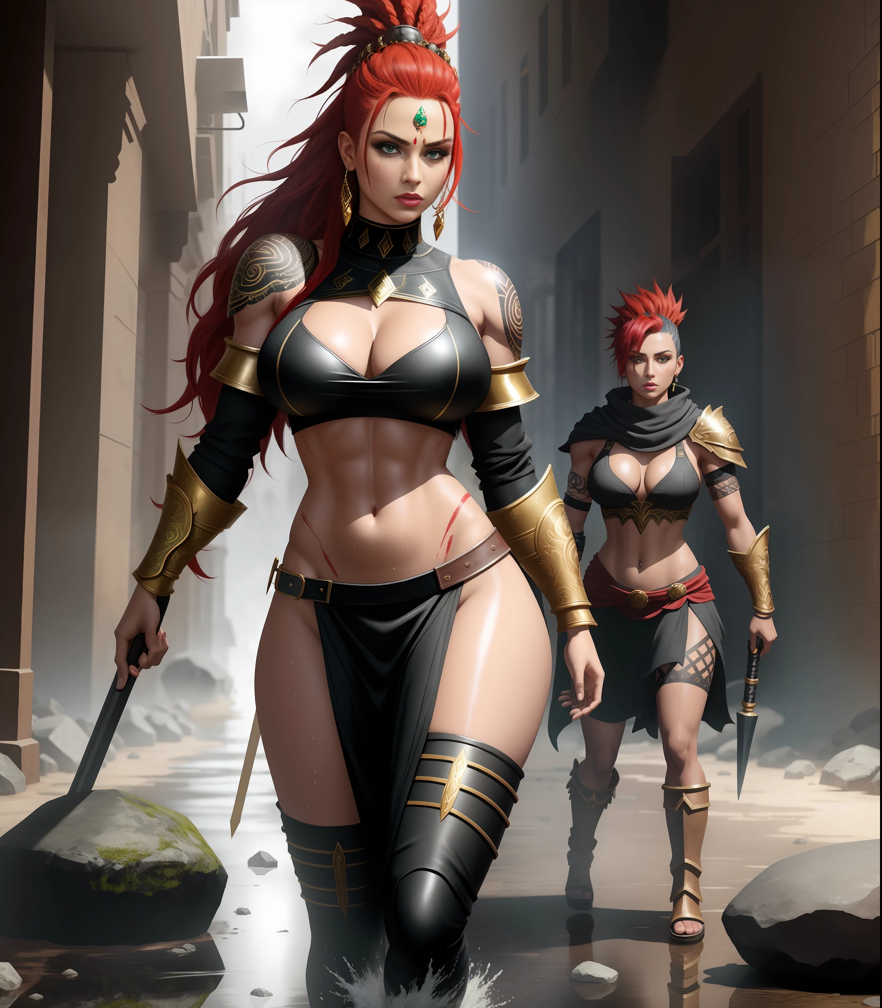 1 woman in a black costume with gold parts of a maid/Kratos and behind in the background a Giant Tiran holding a giant stone, she has the clothes very tight on her body, huge breasts, scars on her eye, tattoo all over her body, (blood on her face and body), she has (green eyes), (red mohawk hair), perfect anatomy, (body and clothes all wet), looking directly at the viewer from the front, with ohar and expression of fury, spartan weapons, in an apocalyptic time raining heavily, God Of War, Masterpiece, reflection of shadow on the ground, Unreal Engine 5, Anime, Ultra detailed, High Quality, 16k, anatomically correct