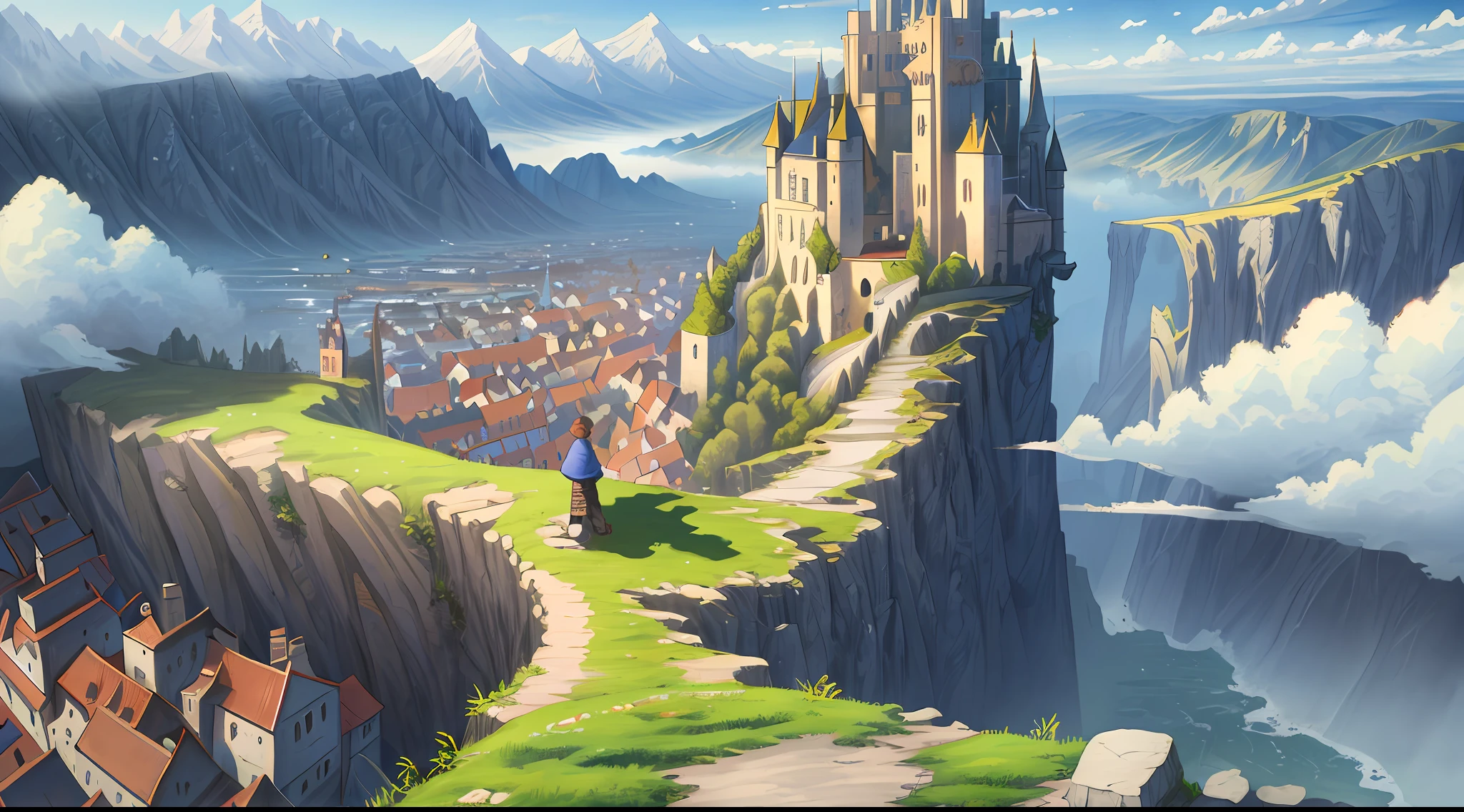 Masterpiece, best quality, (very detailed CG unit 8k wallpaper) (best quality), (best illustration), (best shadows) (((8k, best quality, masterpiece:1.4)))), ultra high resolution, ultra-detailed, illustration, medieval explorer, (man on cliff), small medieval town in the distance, landscape, warped clouds, well made sky, colorful, medieval kingdom, townscape, imagining, outdoors, background, (back view:1.2)