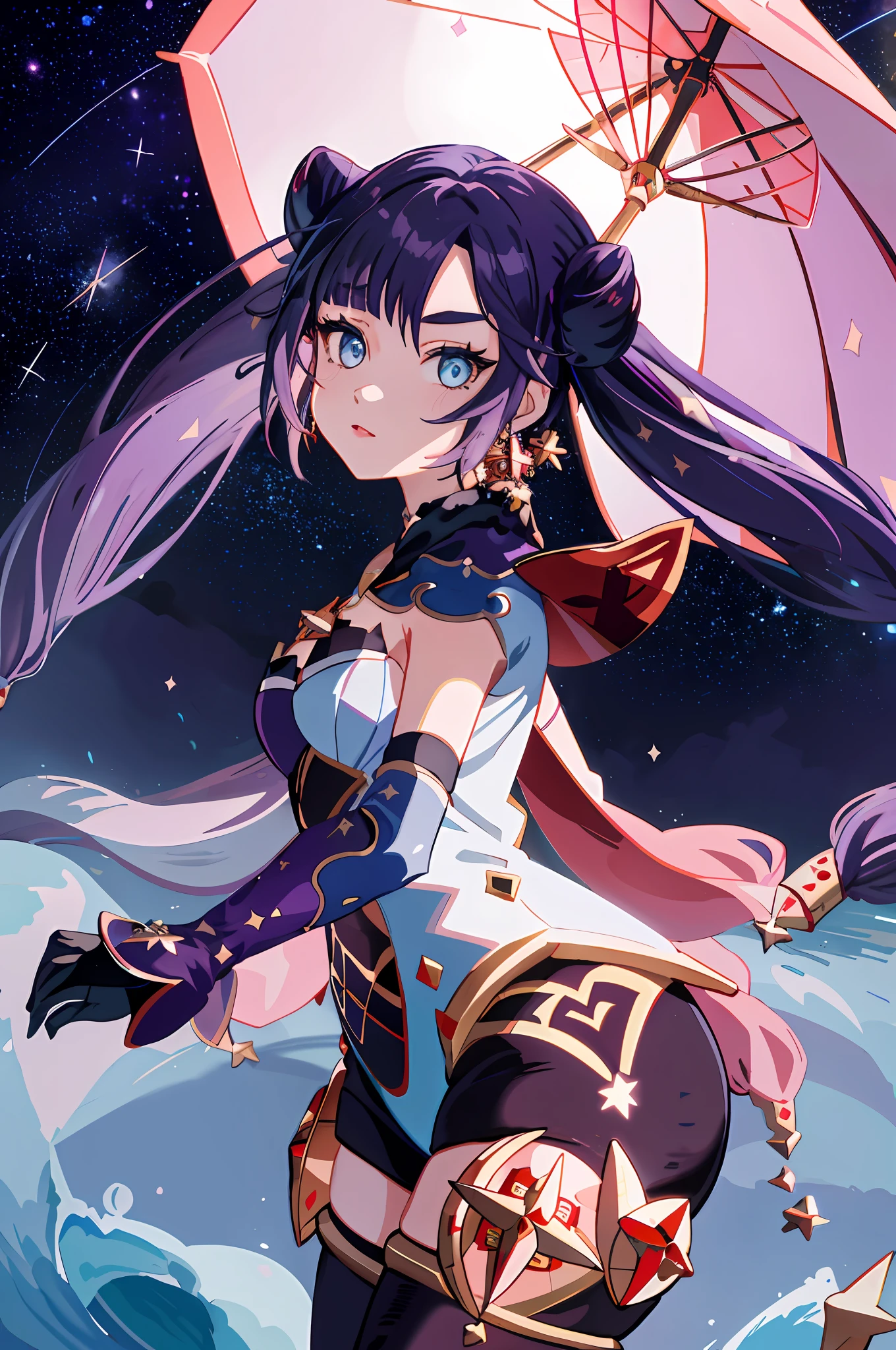 semi-realistic, illustration, 2.5D, flat colors,
best quality,
colorized, pink + white + purple + light-blue limited color palette, detailed concept drawing,
from front,
beautiful face, 1girl, solo, mona (genshin impact), mona \(genshin impact\),
long hair, large breasts, cleavage, navel, lipstick, earrings, purple hair, cone bun, long twin-tails, detailed eyes, looking at viewer,
in front of Japanese shrine, night, stars,
side-lighting, dramatic lighting, deep shadows,
(2D illustration background),
