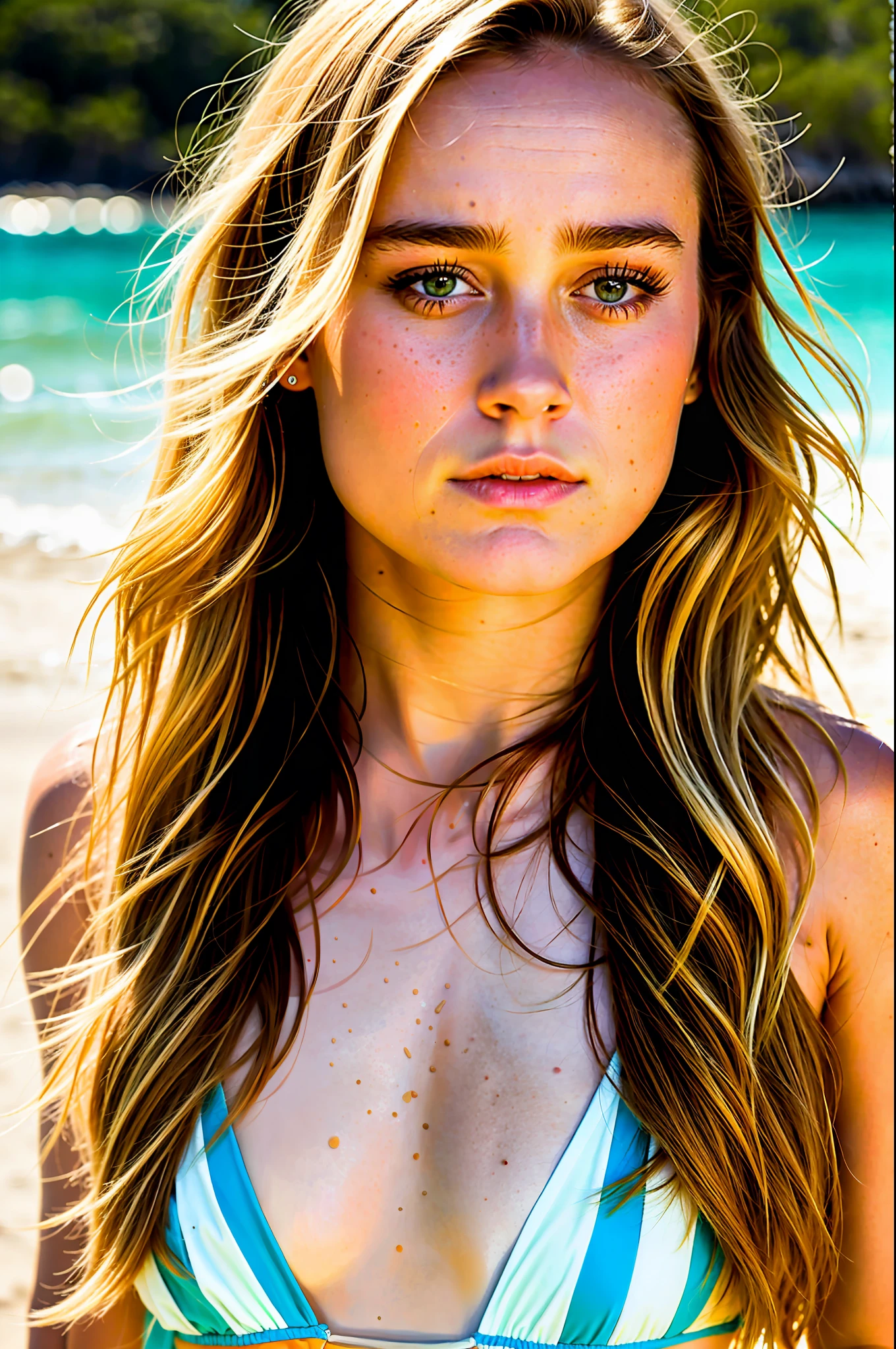 RAW photo, a close up portrait photo of Brie Larson in bikini, big chest, long hair, pale skin, background is a beach, (high detailed skin:1.2), 8k uhd, dslr, soft lighting, high quality, film grain, Fujifilm XT3, full body
