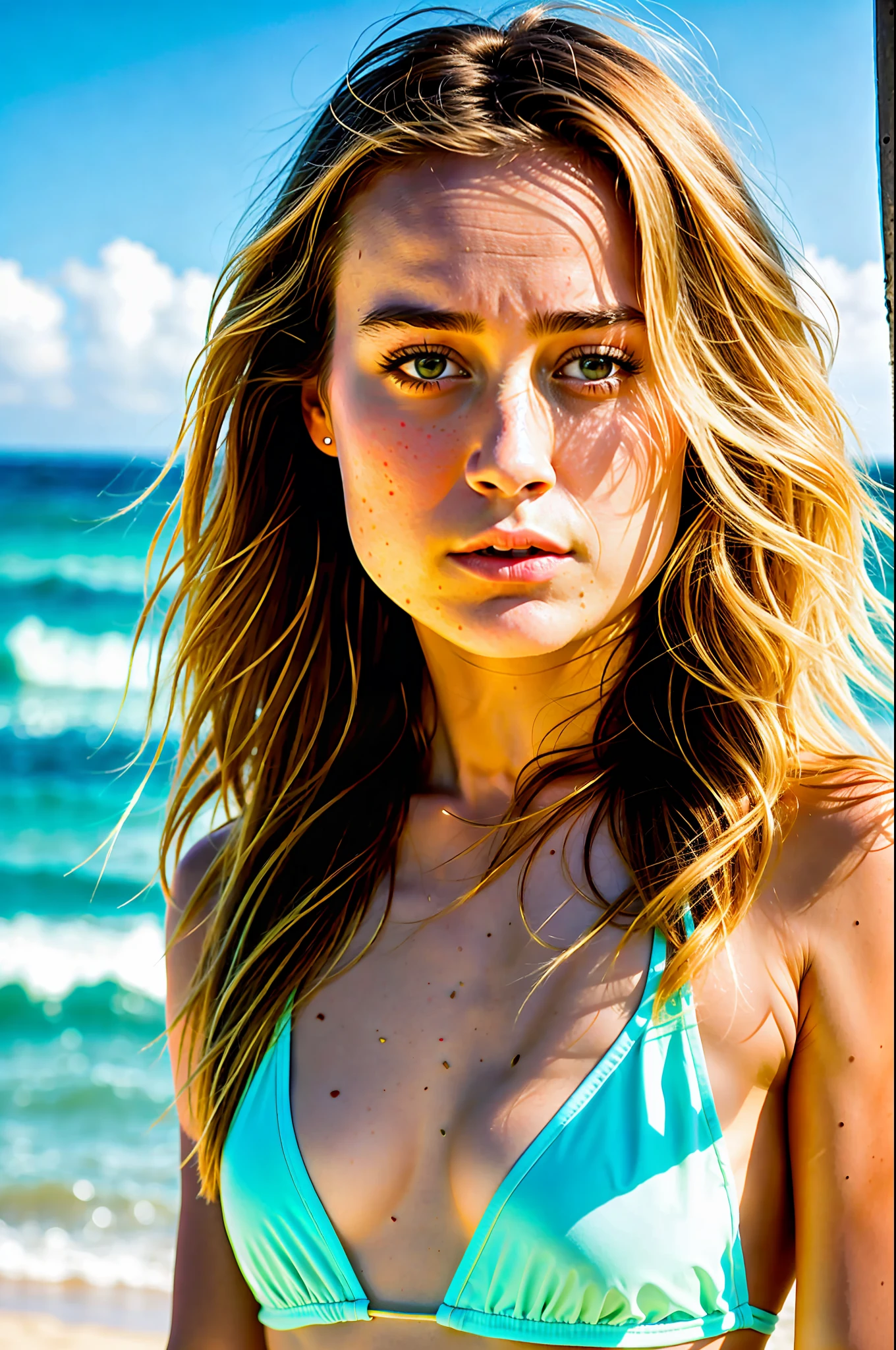 RAW photo, a close up portrait photo of Brie Larson in tiny bikini, long hair, pale skin, background is a beach, (high detailed skin:1.2), 8k uhd, dslr, soft lighting, high quality, film grain, Fujifilm XT3, full body