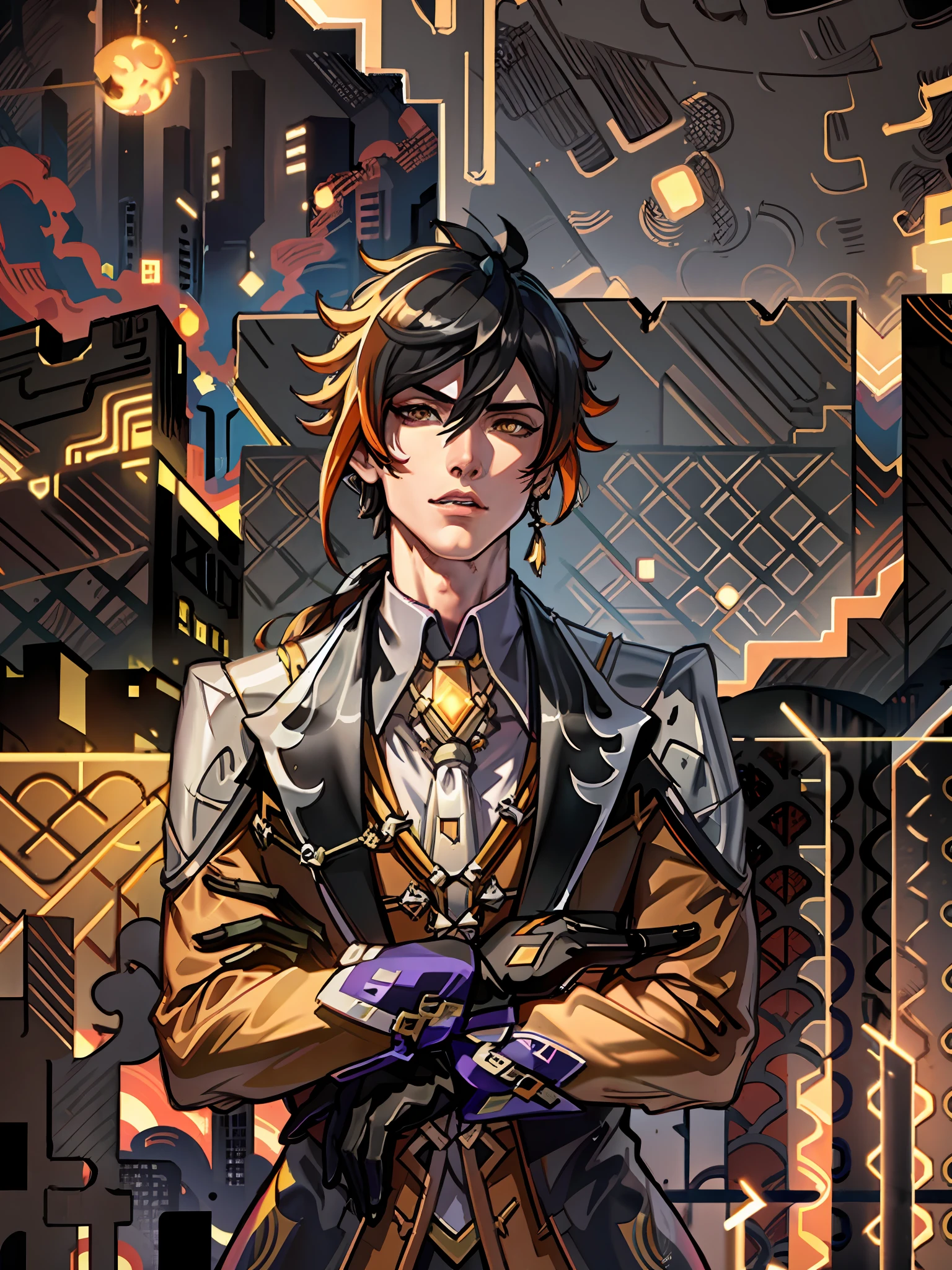 masterpiece, best quality,zhongli (genshin impact), male focus, jewelry, long hair, 1boy, solo, earrings, bangs, gloves, ponytail, black gloves, multicolored hair, brown hair, hair between eyes, single earring,  jacket, tassel earrings, long sleeves, tassel, looking at viewer, yellow eyes,gradient hair, suit, black hair,  (grey background:1.4),(kbxll:0.6)