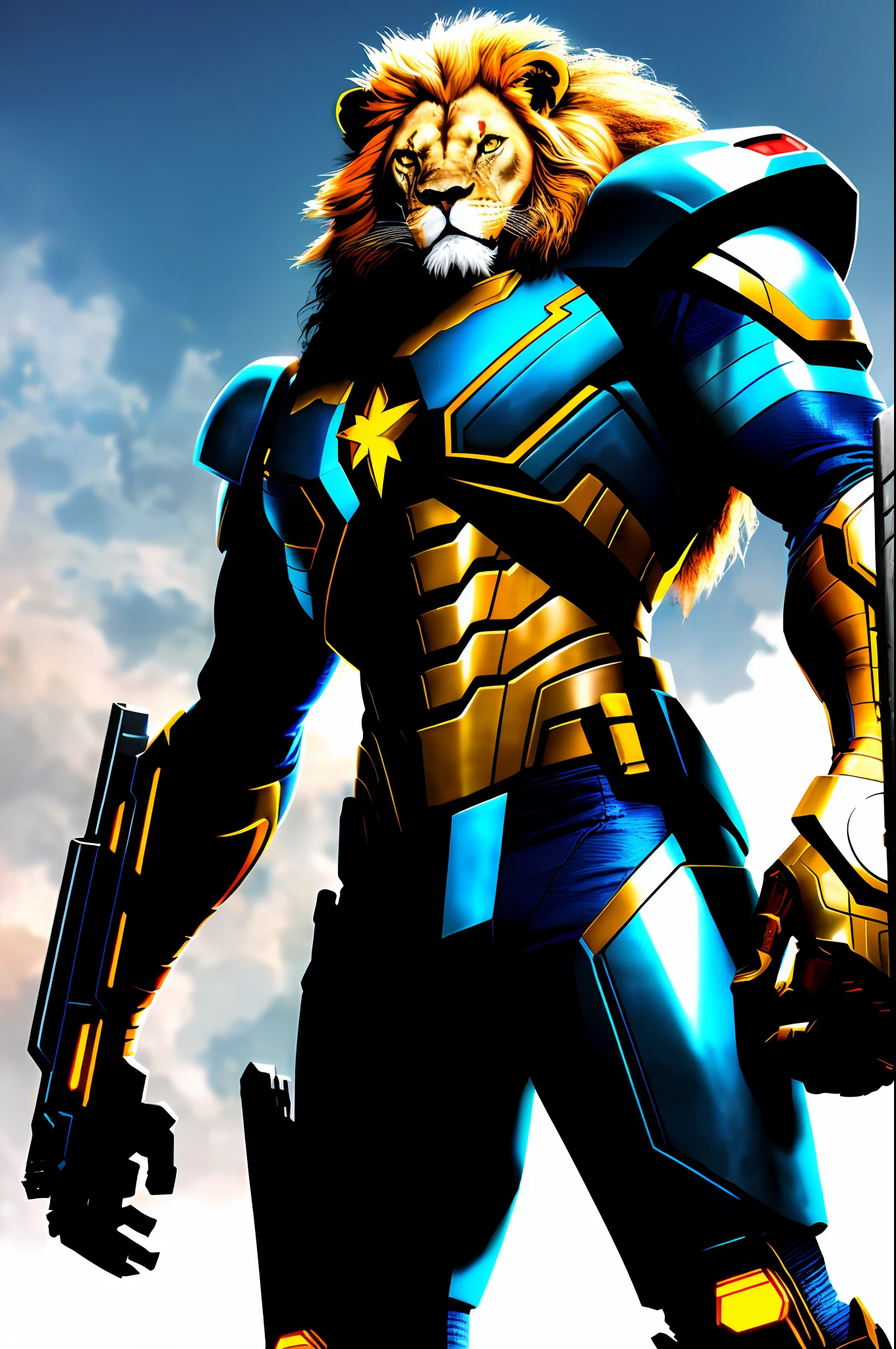 Lion, Marvel superhero style, with armor, detailed cyberpunk background