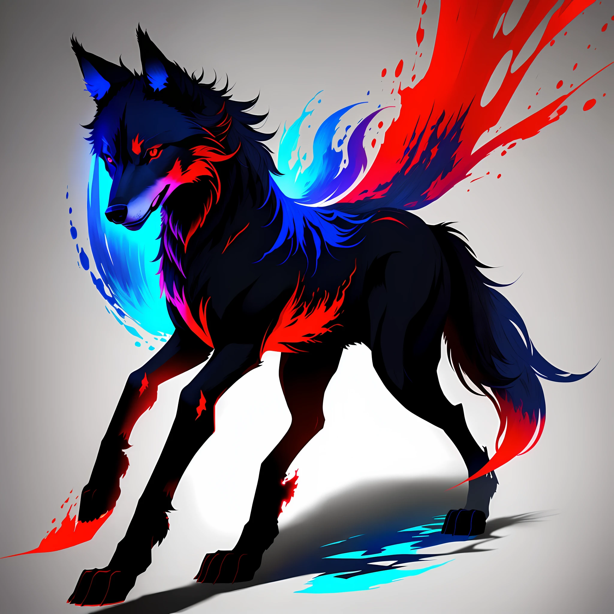 The silhouette of a wolf with red and blue. The colors dance like fire. Full body is visible