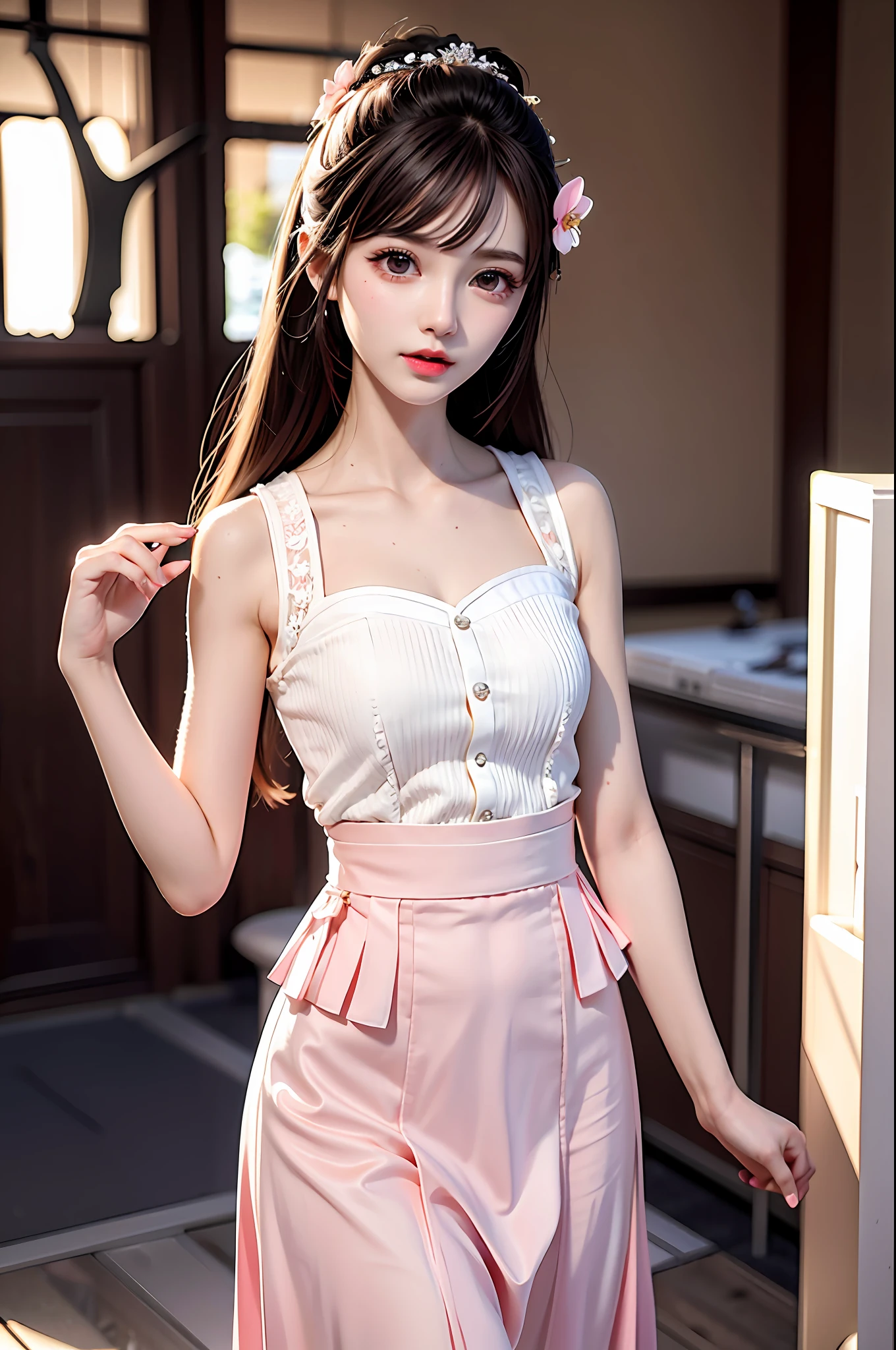 Fashion trendy beautiful and charming woman, gentle and charming Chinese beautiful woman, delicate and sexy collarbone, charming oval face, double eyelids, smart peach blossom eyes, pink lips, small nose, bare shoulders, focus on the face, close-up of the face, Ultra-high-definition, super-detailed, fringed skirts that sway with the girl's steps are also a must-have for fashionable girls. A light and flexible fringed skirt is very fashionable when paired with trendy and casual T-shirts and shirts. At the same time, a long swinging fringed skirt can also make you look taller and thinner
