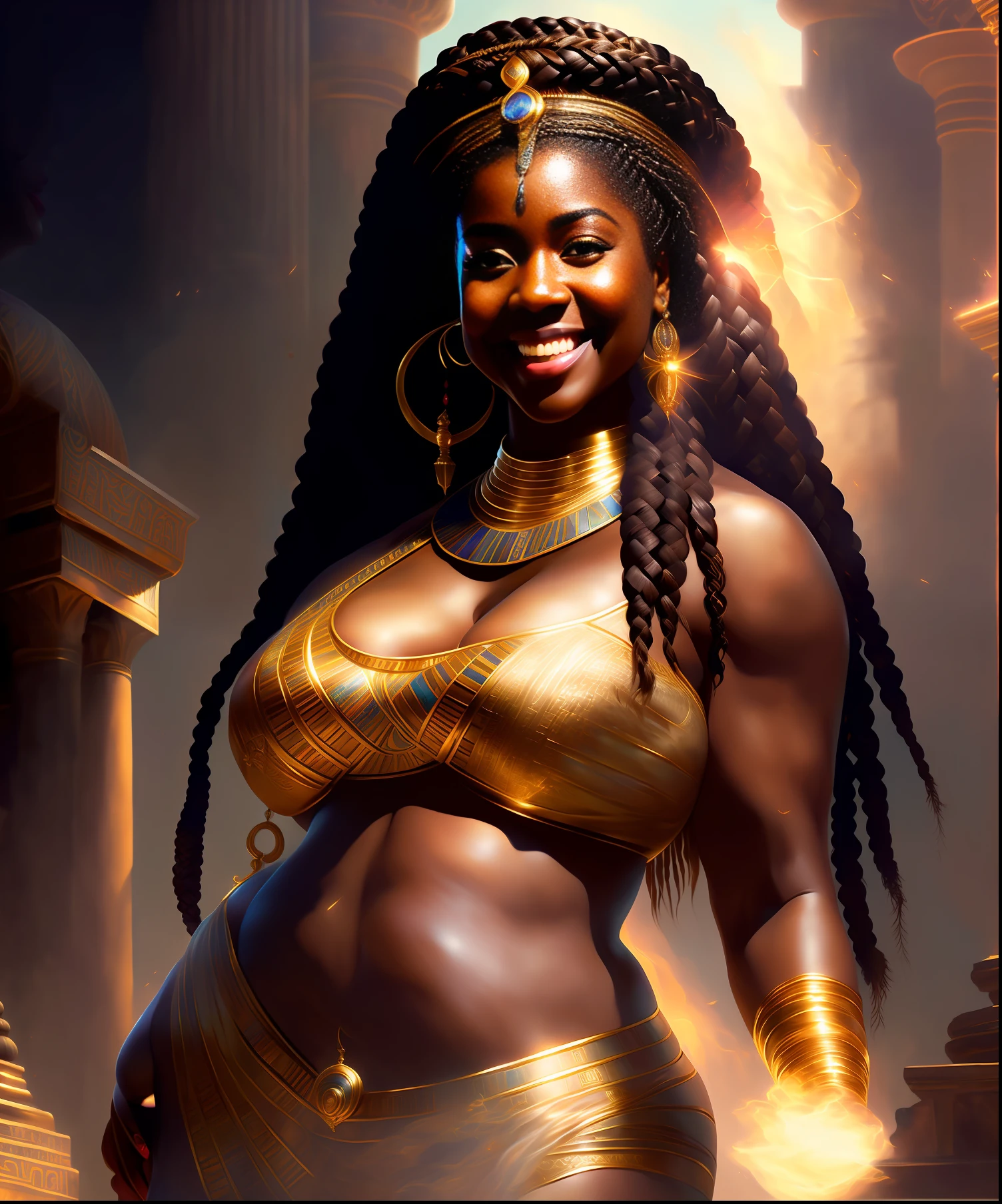 Highly (dynamic:1.2) scene art detailed (rutkowski:1.2), (nubian princess), (laughing), (dark skin), ((thicc)), (((large boobs))), (((cleavage))), (((long woven braids))), (fantastic, amazing egyptian palace decoration:1.2), egyptian beauty, explosive volumetric, Delightful anatomy, (fantastic god perfect art, 64k ultra hd:1.1), (art by apterus, art by artgerm:1.2)
