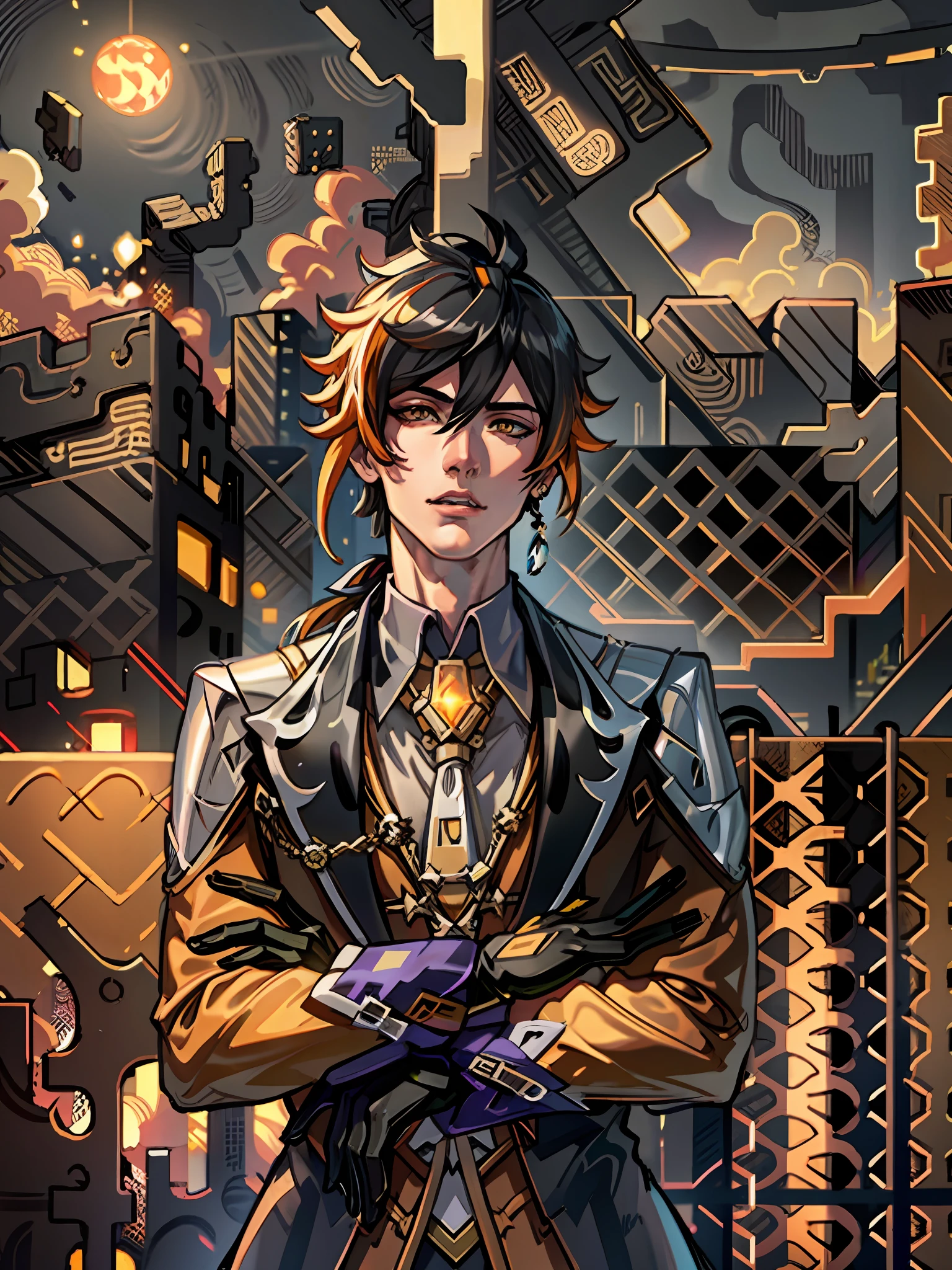 masterpiece, best quality,zhongli (genshin impact), male focus, jewelry, long hair, 1boy, solo, earrings, bangs, gloves, ponytail, black gloves, multicolored hair, brown hair, hair between eyes, single earring,  jacket, tassel earrings, long sleeves, tassel, looking at viewer, yellow eyes,gradient hair, suit, black hair,  (grey background:1.4),(kbxll:0.6)