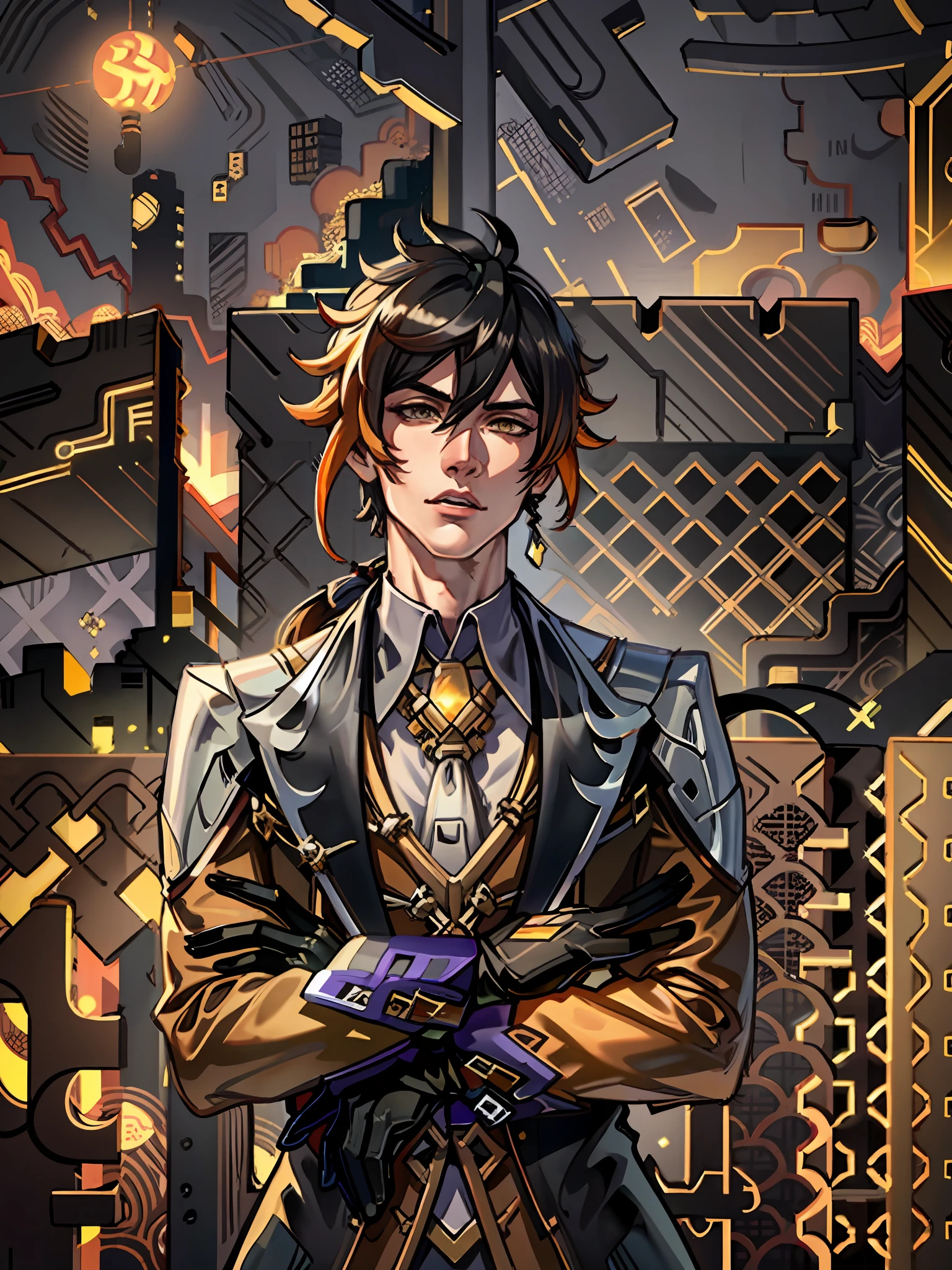 masterpiece, best quality,zhongli (genshin impact), male focus, jewelry, long hair, 1boy, solo, earrings, bangs, gloves, ponytail, black gloves, multicolored hair, brown hair, hair between eyes, single earring, jacket, tassel earrings, long sleeves, tassel, looking at viewer, yellow eyes,gradient hair, suit, black hair, (grey background:1.4),(kbxll:0.6)