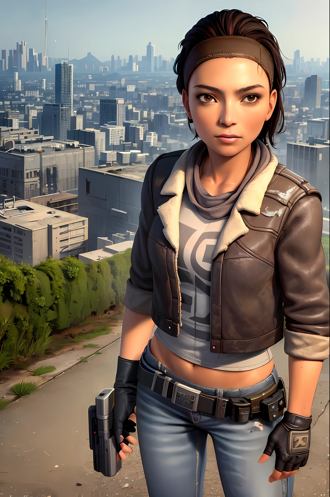masterpiece, best quality, 1girl, alyxvance, solo, dark skin, brown hair, fingerless gloves, hood, jacket, jeans, short boot, bandana on head,citadel, devastated city in the background