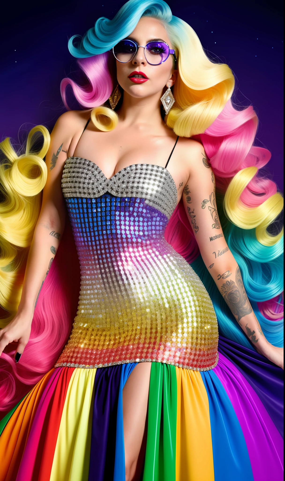 Photo of lady gaga wearing gay flag dress full of diamonds, unique glasses, 4K texture, long hair, high quality, extravagant hairstyle, original album cover, colorful dress with diamonds, 8k image, futuristic, high image quality, at night, hair accessories, 8k image, realistic face in high quality, full body, different poses, Sharp 8K face