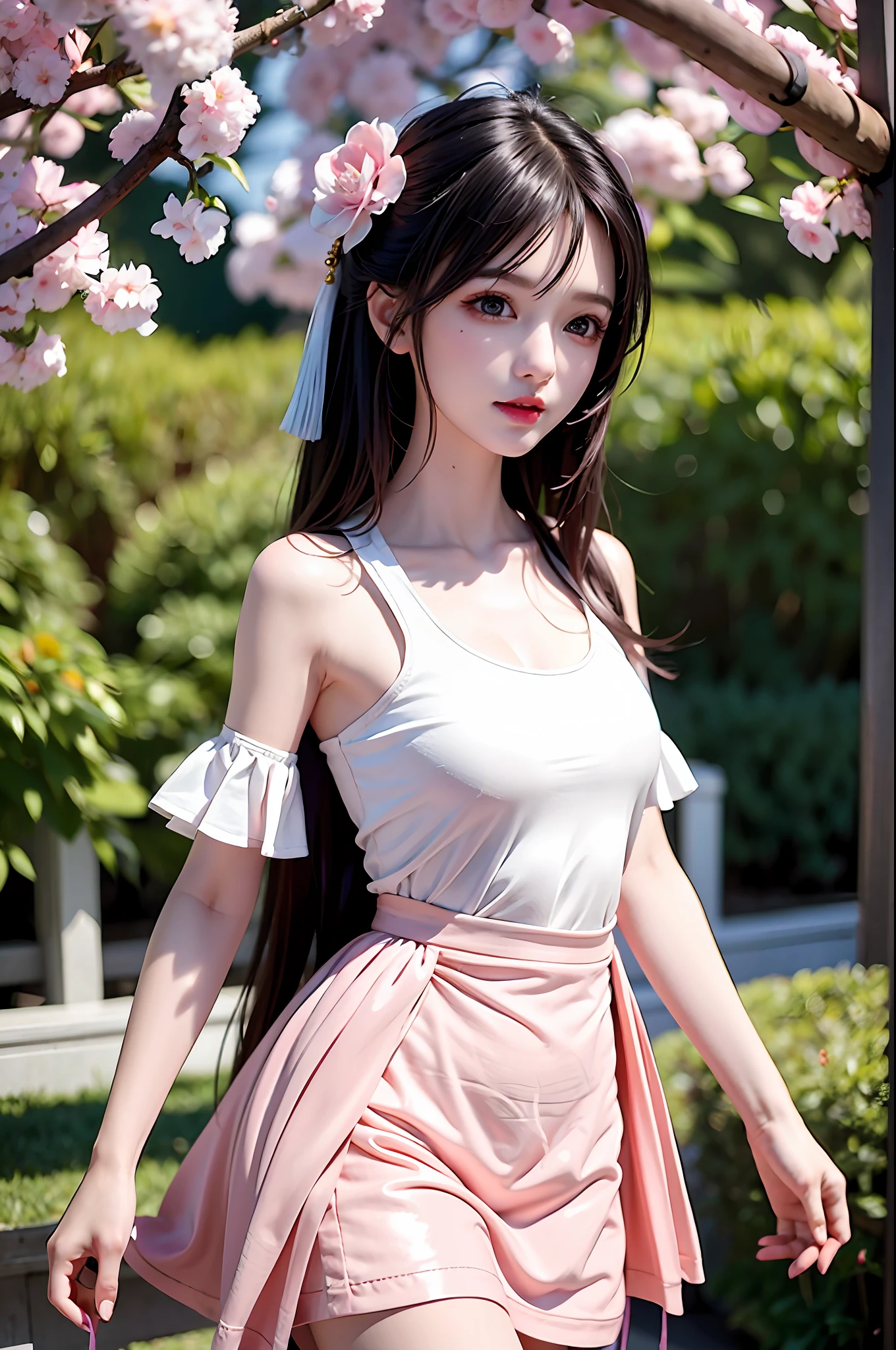Fashion trendy beautiful and charming woman, gentle and charming Chinese beautiful woman, delicate and sexy collarbone, charming oval face, double eyelids, smart peach blossom eyes, pink lips, small nose, bare shoulders, focus on the face, close-up of the face, Ultra-high-definition, super-detailed, fringed skirts that sway with the girl's steps are also a must-have for fashionable girls. A light and flexible fringed skirt is very fashionable when paired with trendy and casual T-shirts and shirts. At the same time, a long swinging fringed skirt can also make you look taller and thinner