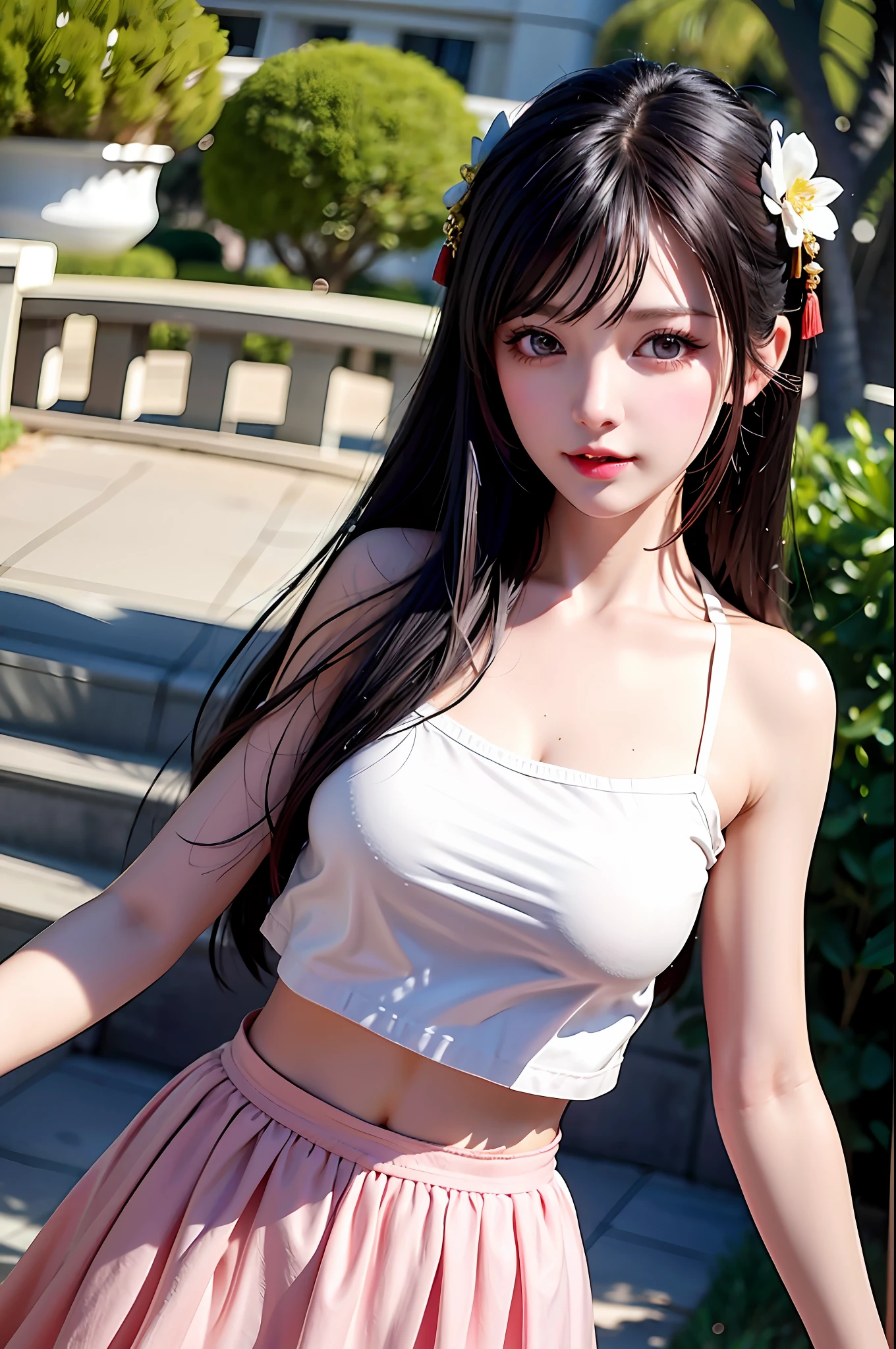 Fashion trendy beautiful and charming woman, gentle and charming Chinese beautiful woman, delicate and sexy collarbone, charming oval face, double eyelids, smart peach blossom eyes, pink lips, small nose, bare shoulders, focus on the face, close-up of the face, Ultra-high-definition, super-detailed, fringed skirts that sway with the girl&#39;s steps are also a must-have for fashionable girls. A light and flexible fringed skirt is very fashionable when paired with trendy and casual T-shirts and shirts. At the same time, a long swinging fringed skirt can also make you look taller and thinner