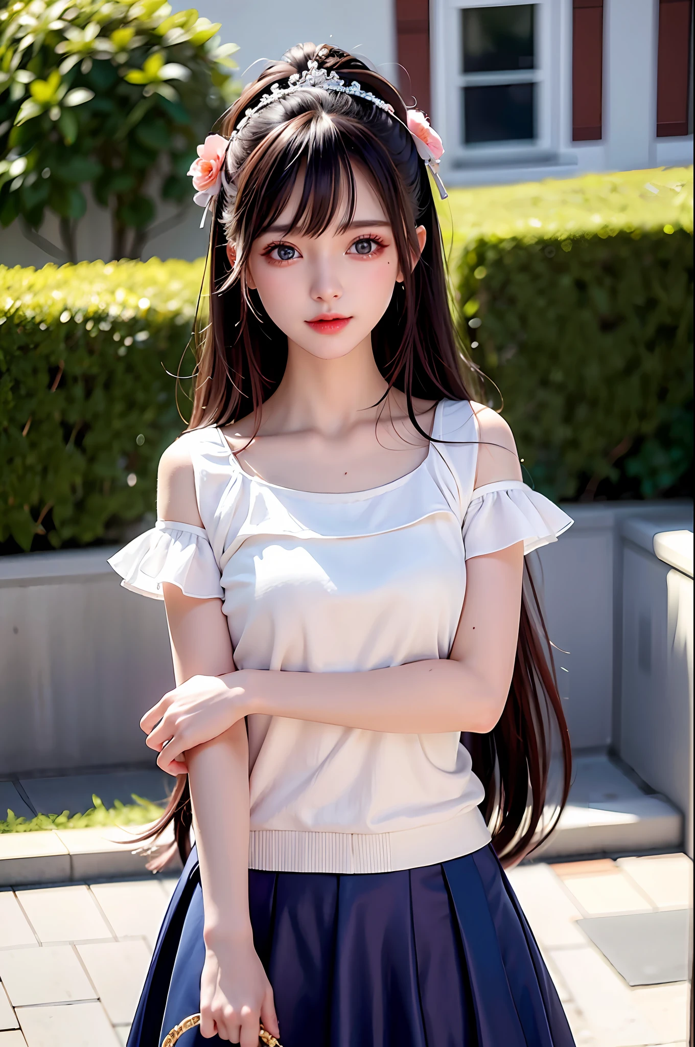 Fashion trendy beautiful and charming woman, gentle and charming Chinese beautiful woman, delicate and sexy collarbone, charming oval face, double eyelids, smart peach blossom eyes, pink lips, small nose, bare shoulders, focus on the face, close-up of the face, Ultra-high-definition, super-detailed, fringed skirts that sway with the girl's steps are also a must-have for fashionable girls. A light and flexible fringed skirt is very fashionable when paired with trendy and casual T-shirts and shirts. At the same time, a long swinging fringed skirt can also make you look taller and thinner
