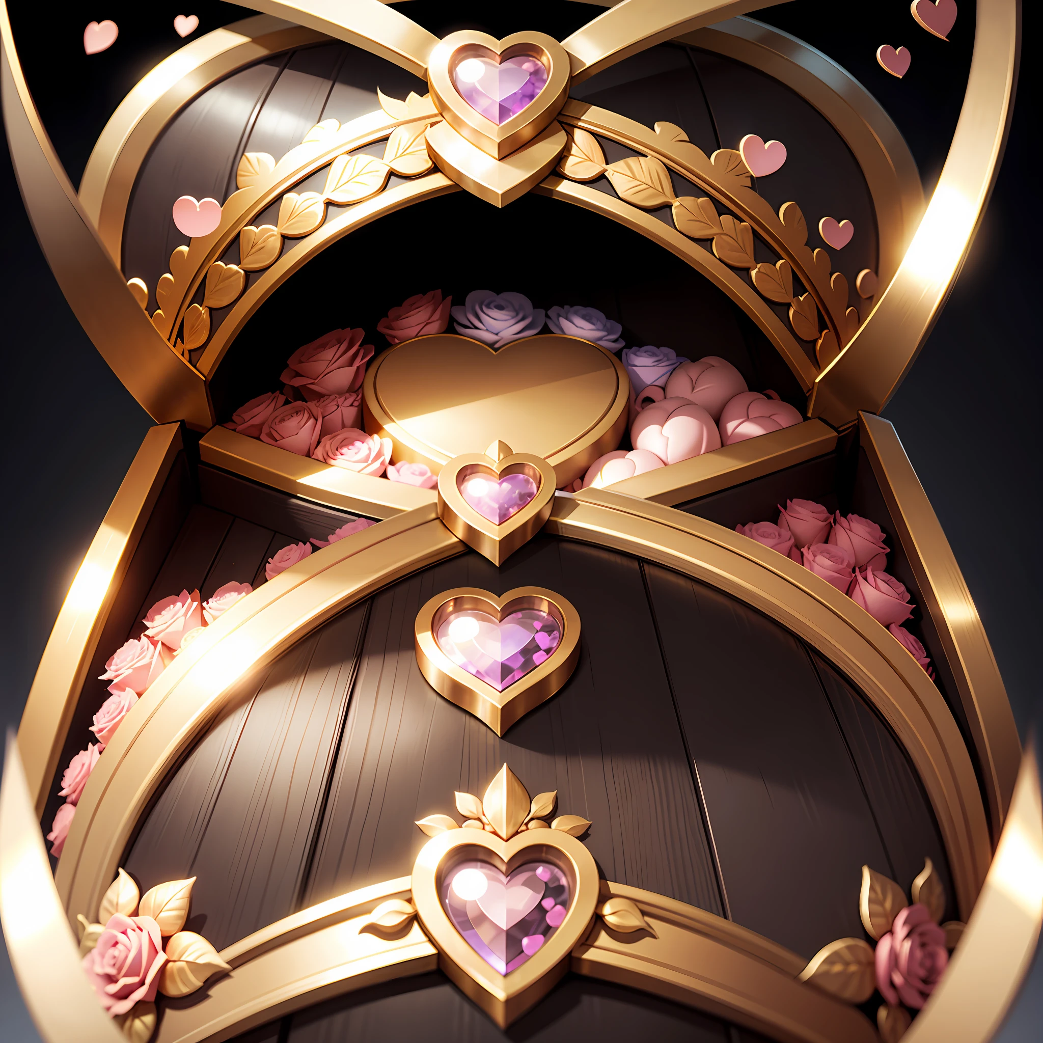 best qualitysymmetry,realistic, hason_chest_v1.0,black background,Love hearts, ribbons, roses,pink,Love hearts, ribbons, roses,gold