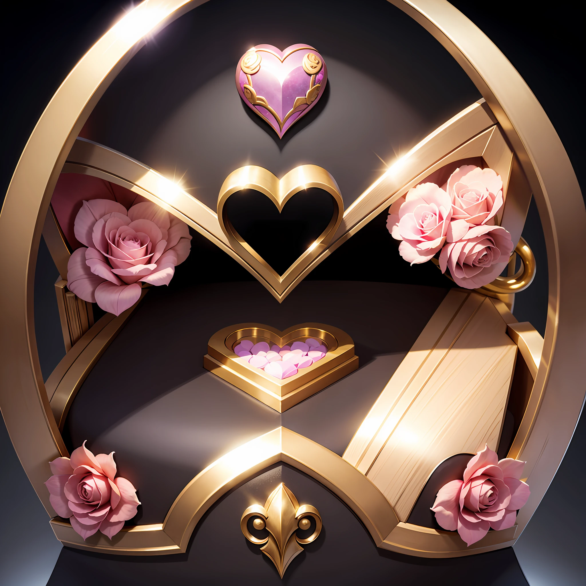 best qualitysymmetry,realistic, hason_chest_v1.0,black background,Love hearts, ribbons, roses,pink,Love hearts, ribbons, roses,gold