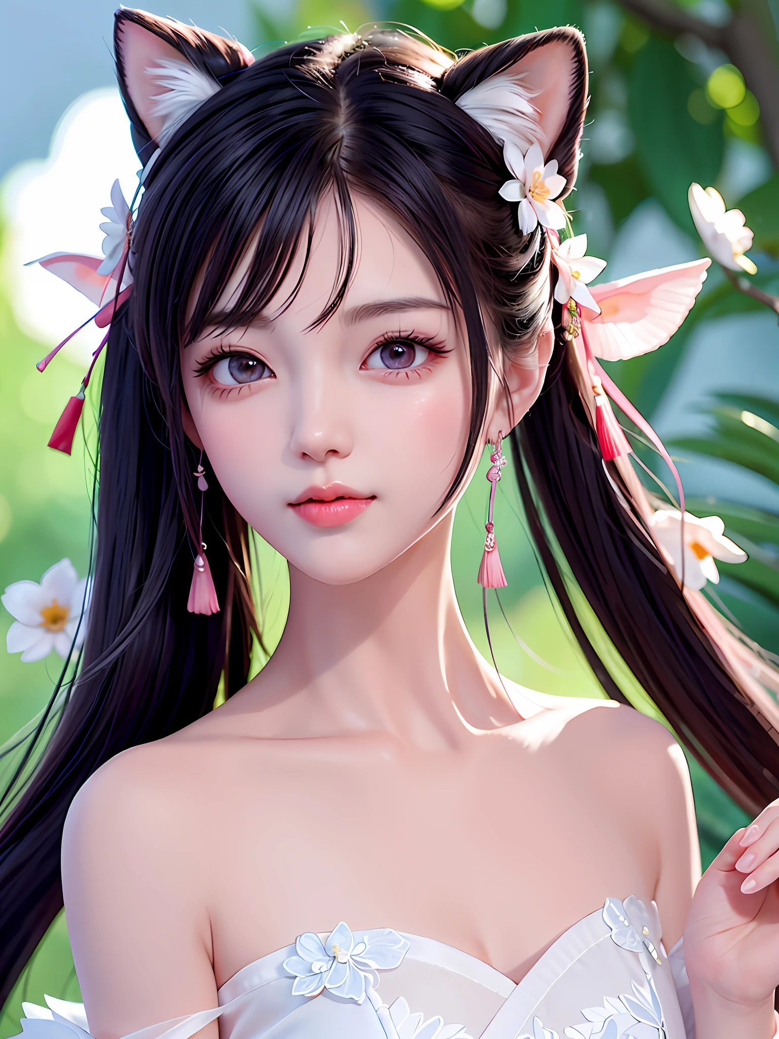 A gentle and lovely Chinese beautiful woman, delicate sexy collarbone, charming goose egg face, double eyelids, smart peach blossom eyes, pink lips, small upturned nose, bare shoulders, focused face, face close-up, ultra HD, super detail, full body photo, ultra-thin light transmission, optimal ratio of four fingers and one thumb, cat ears