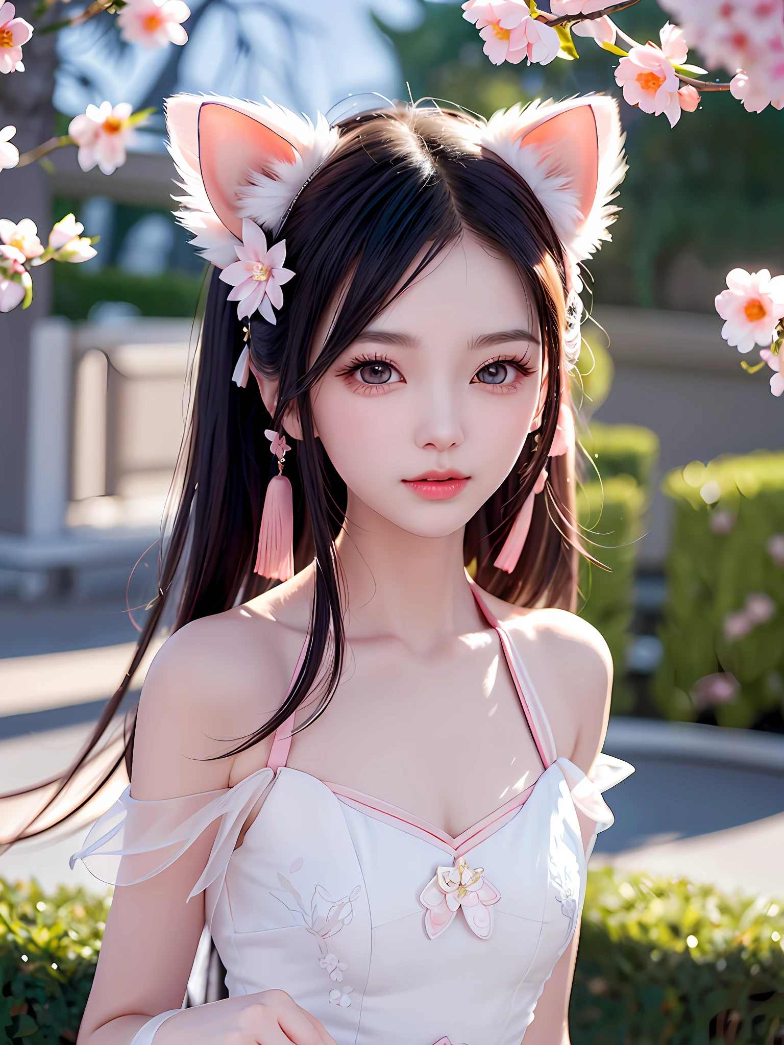 A gentle and lovely Chinese beautiful woman, delicate sexy collarbone, charming goose egg face, double eyelids, smart peach blossom eyes, pink lips, small upturned nose, bare shoulders, focused face, face close-up, ultra HD, super detail, full body photo, ultra-thin light transmission optimal ratio four fingers and one thumb, cat ears