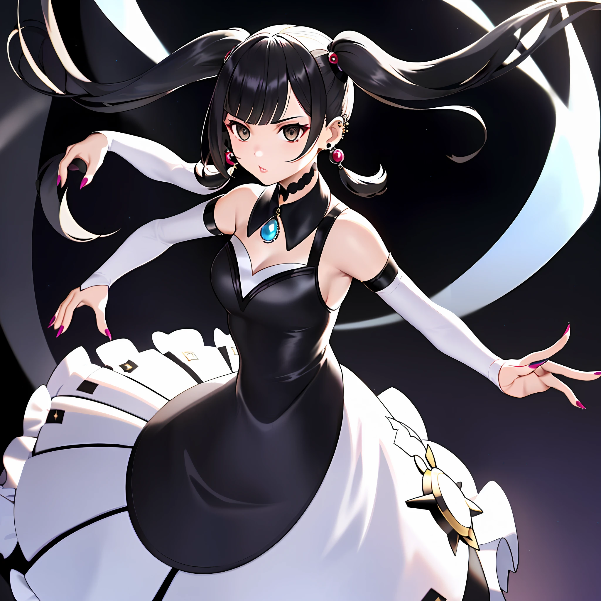 (Masterpiece, Top Quality, Best Quality: 1.2), Professional Lighting, Photon Mapping, Radiosity, Physically Based Rendering, 1 Girl, Full Body, Absurdity, High Resolution, 1 Girl, Ken Sugimori (Style\), Alternate Costume, Artist Name, Bangs, Black Dress, Black Hair, Cheeks, Cone Hairpan, Detached Collar, Detached Sleeves, Double Pans, Dress, Ear Piercings, Genshin Impact, Hair Pier, Hug, Hair Hug, Jewelry, Kenchin\(Genshin Impact\), Lips, Long Hair, Look at the Beholder, Manicure, Manicure, Nail Polish, Nose, Piercing, Solo, Twin Tails,