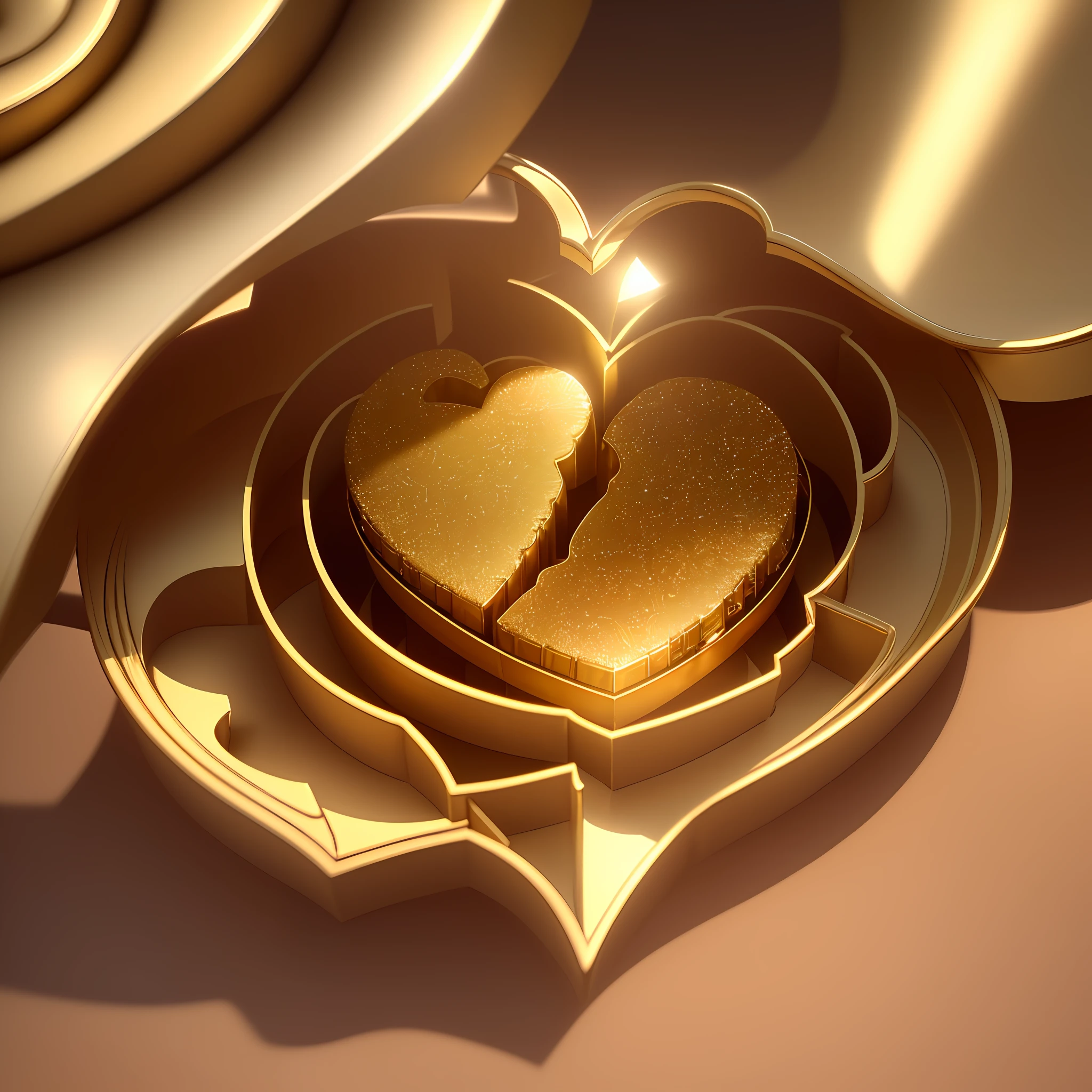 (discover the beauty of a 3D heart of gold, extremely detailed and delicate, in an 8k CG wallpaper, with perfect lighting and shadows, at a dynamic angle), (a wide scene with background in bright colors and golden shades).