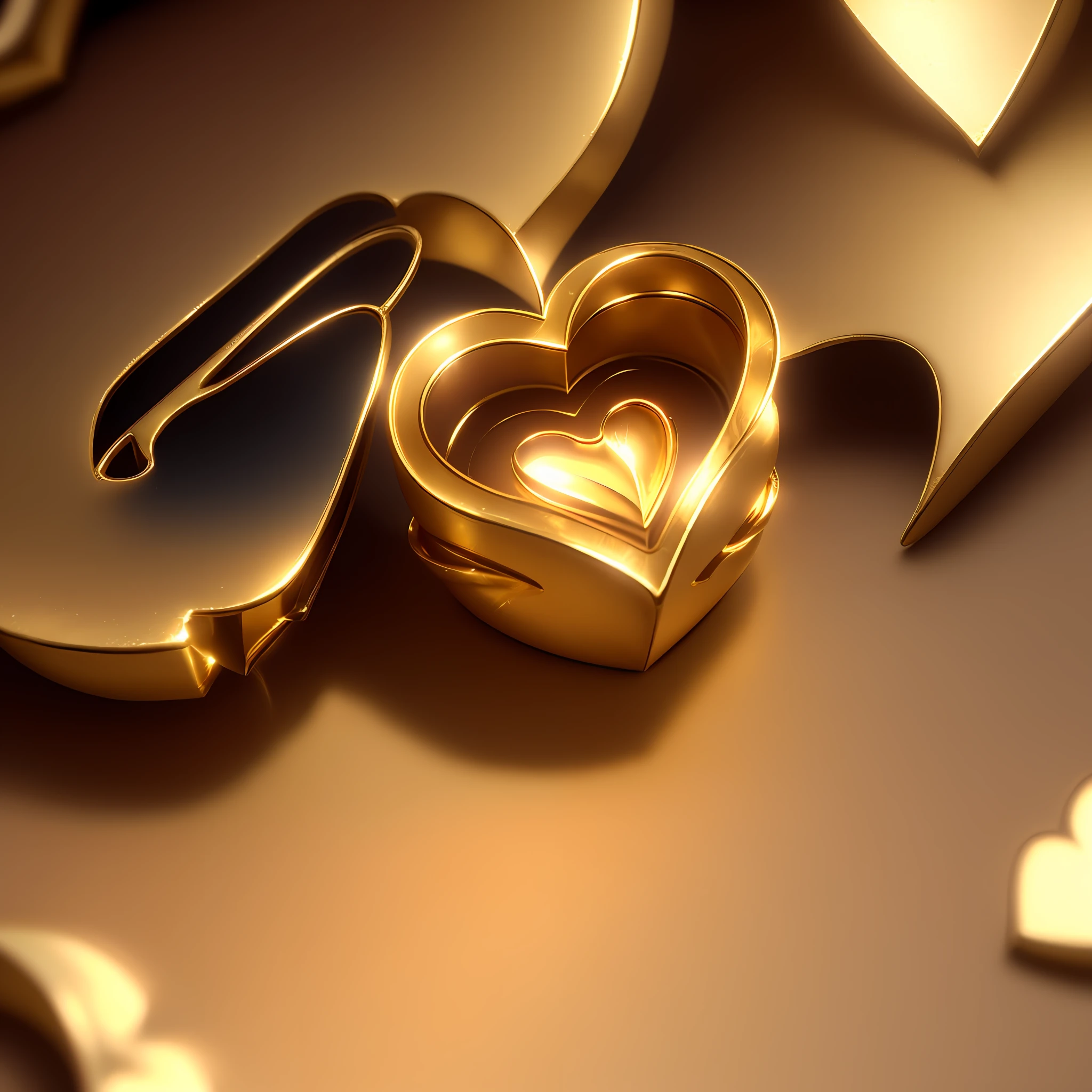 (discover the beauty of a 3D heart of gold, extremely detailed and delicate, in an 8k CG wallpaper, with perfect lighting and shadows, at a dynamic angle), (a wide scene with background in bright colors and golden shades).