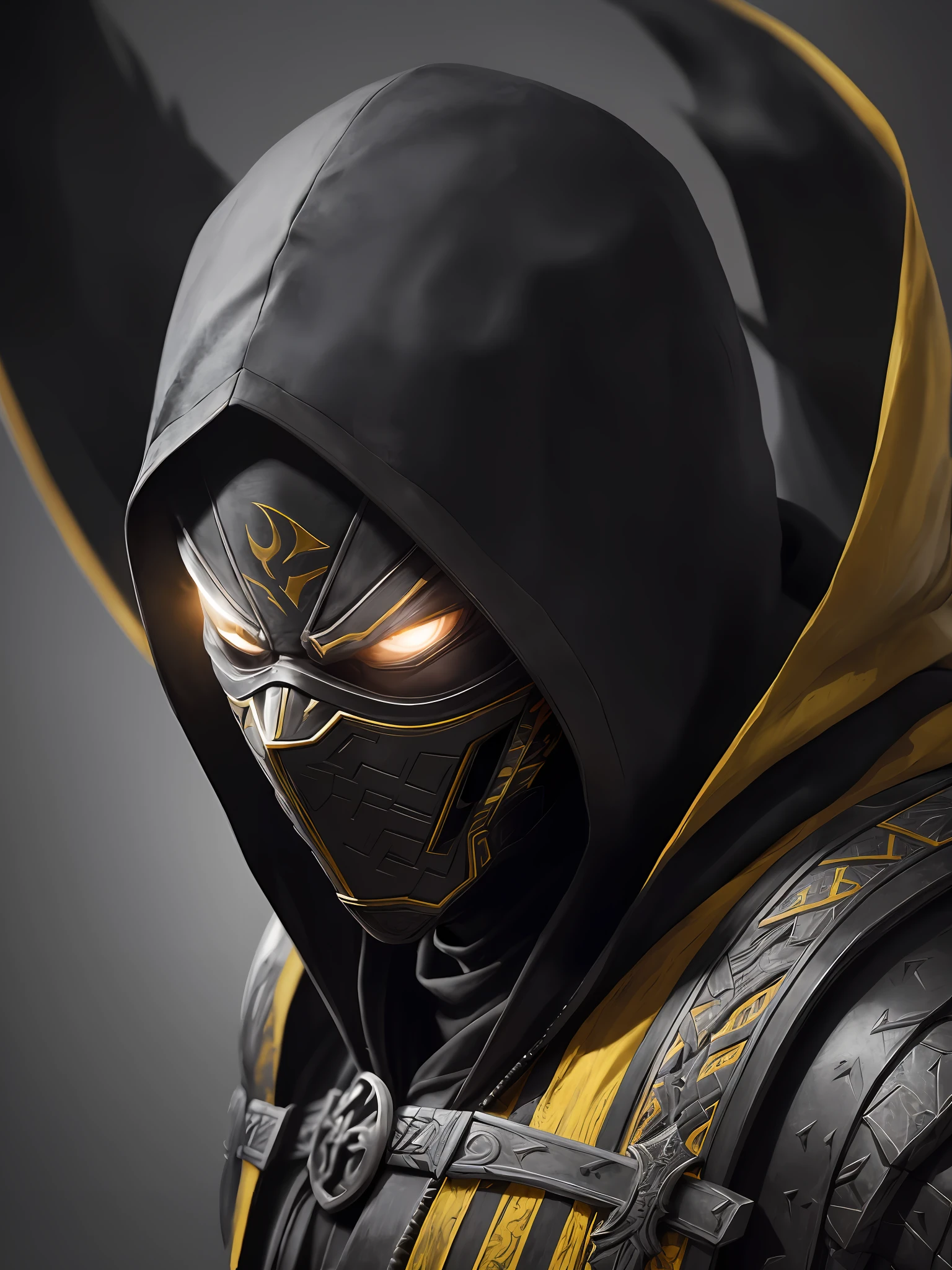 Logo, warrior with black hood and metal ninja mask, 8K, a portrait, mortal kombat scorpion, detailed white eyes, bladk and yellow armor, hood, veins on his arm, intricate, high detail, sharp focus, dramatic and photorealistic painting art by greg rutkowski