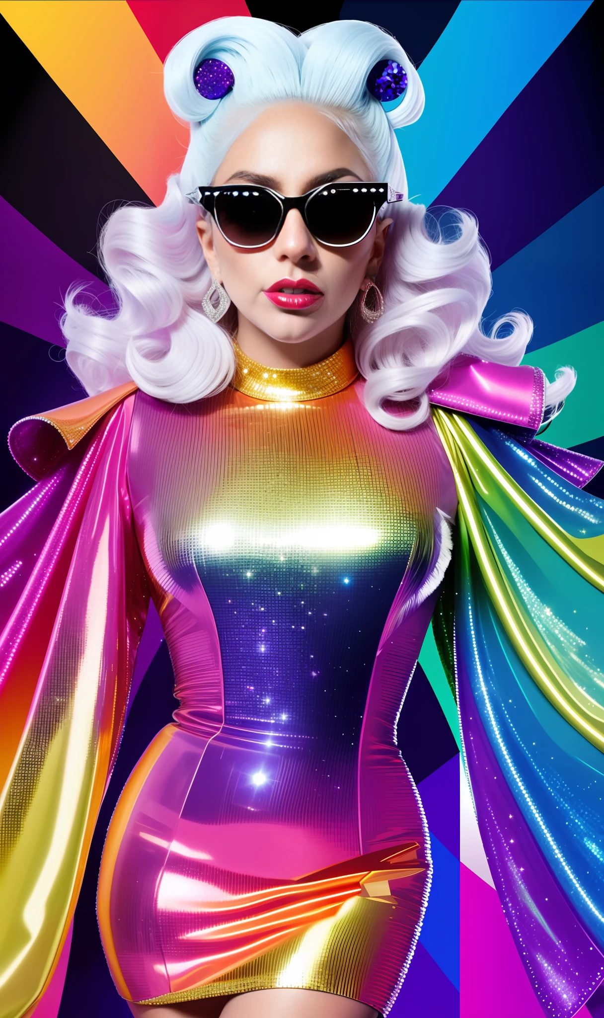 Photo of lady gaga with futuristic dress full of diamonds, unique glasses, 4K texture, hair with gay flag colors, high quality, extravagant hairstyle, original album cover, colorful dress with diamonds, 8k image, futuristic, high image quality, at night, hair accessories, 8k image, realistic face in high quality, full body,  Different poses