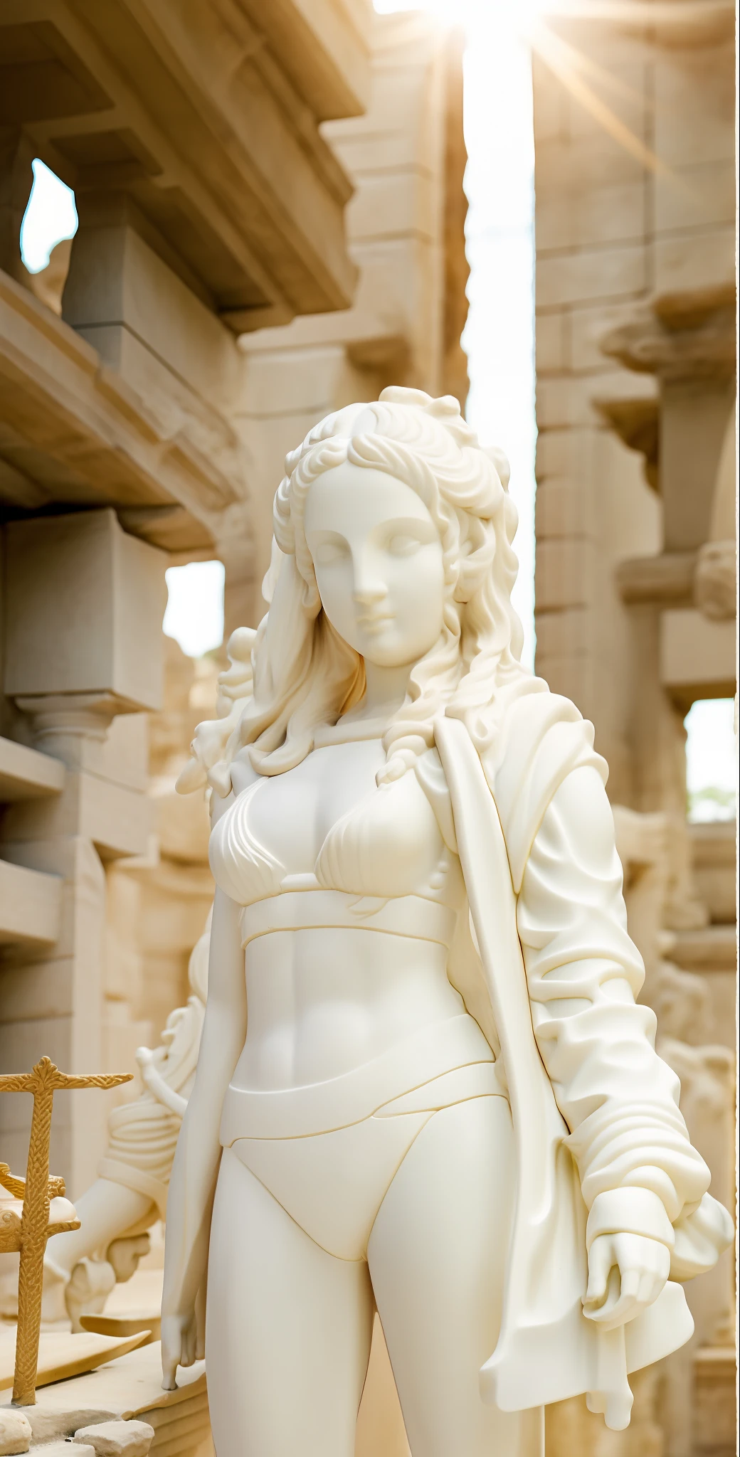 Moderate light, clear, sculpture of a Greek temple, girl sitting on windowsill with legs crossed, smooth ancient Roman baroque art, seductive girl, fine details. Girl Front, attractive girl, cute girl, girl, best girl, girl front style