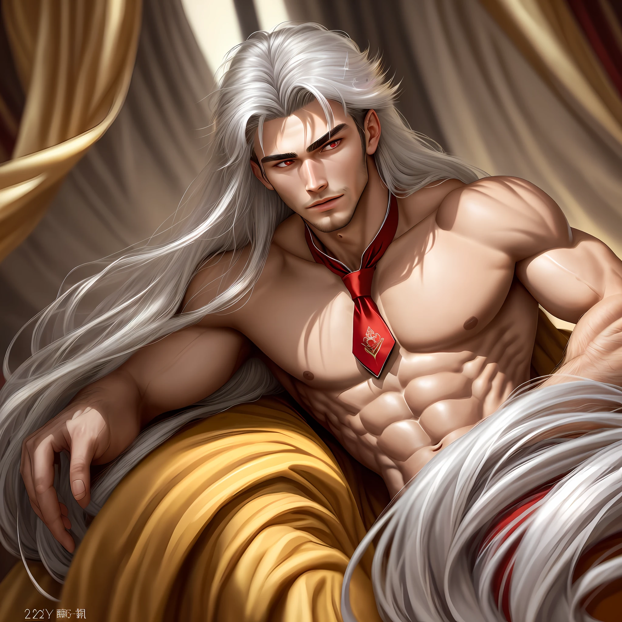 masterpiece, highest quality, (solo focus), (perfect face:1.1), (high detail:1.1),intage, novel cover, novel cover, angel, servant, novel, giant, giant fang, royalty.((( Tie your hair))),(((22 year old men))), sweet boy, (((boy with red eyes))), one people, 2 meters tall, has a six-pack, muscular body, pink, honey-colored skin, hairy mites, long hair, silver hair