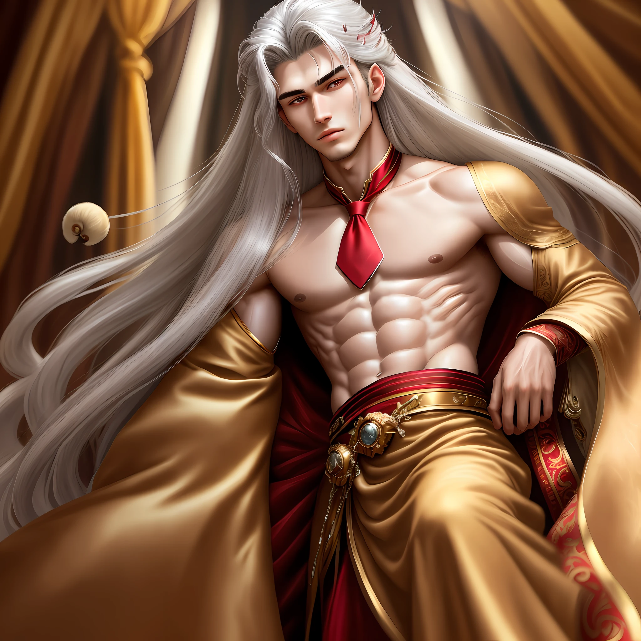 masterpiece, highest quality, (solo focus), (perfect face:1.1), (high detail:1.1),intage, novel cover, novel cover, angel, servant, novel, giant, giant fang, royalty.((( Tie your hair))),(((22 year old men))), sweet boy, (((boy with red eyes))), one people, 2 meters tall, has a six-pack, muscular body, pink, honey-colored skin, hairy mites, long hair, silver hair