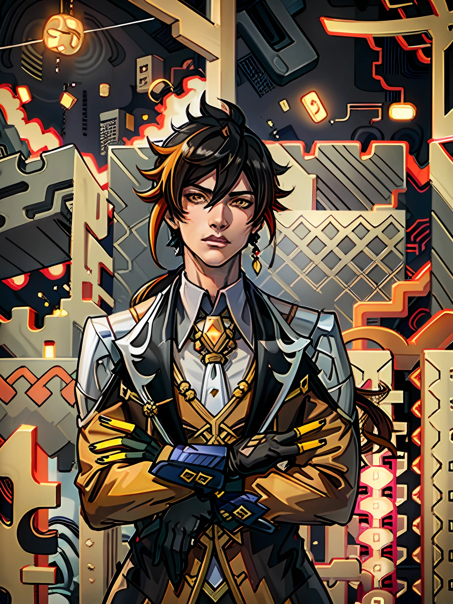 masterpiece, best quality,zhongli (genshin impact), male focus, jewelry, long hair, 1boy, solo, earrings, bangs, gloves, ponytail, black gloves, multicolored hair, brown hair, hair between eyes, single earring, jacket, tassel earrings, long sleeves, tassel, looking at viewer, yellow eyes,gradient hair, suit, black hair, (grey background:1.4),(kbxll:0.6)