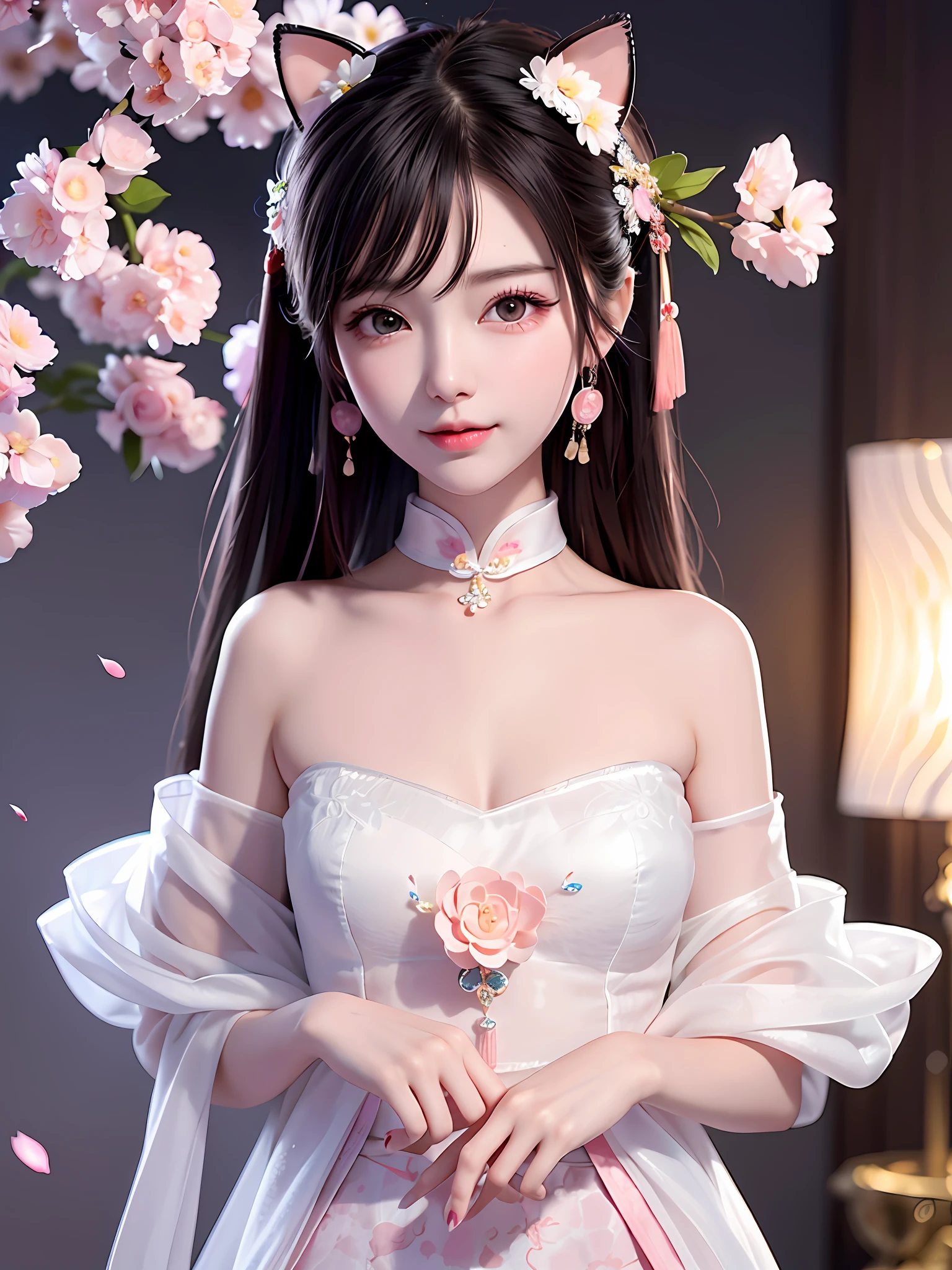A gentle and lovely Chinese beautiful woman, delicate sexy collarbone, charming goose egg face, double eyelids, smart peach blossom eyes, pink lips, small upturned nose, bare shoulders, focused face, face close-up, ultra HD, super detail, full body photo, ultra-thin light transmission, optimal ratio of four fingers and one thumb, cat ears