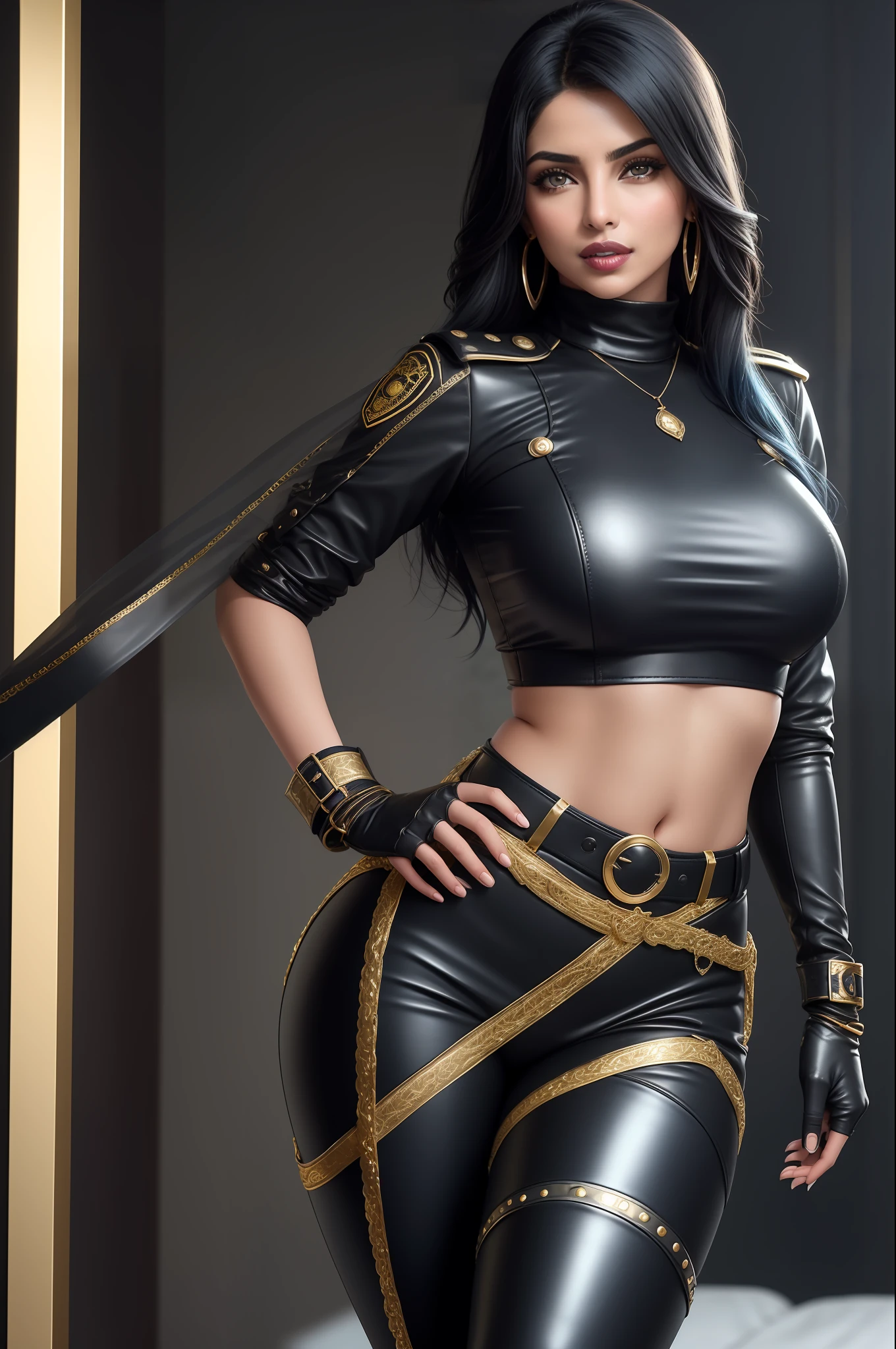 priyanka chopra super sexy, with long black hair at hip height, dressed as an FBI cop, with cap, red lipstick, wearing sunglasses, sucking on a lollipop, with a sensual expression, in an open police uniform showing her breasts, topless, solo, erotic, obscene, sexy, big tits, sexy belly, ((sexy_pose)) smiling wearing (transparent saree) lying in bed at midnight, full body (city, street, Times Square, long hair, photorealistic, 1girl, fighter, erotic pose, ), best quality, intricate details, looking at the viewer, ultra realistic 8k CG, perfect face, flawless, clean, masterpiece, professional artwork, famous art, cinematic lighting, cinematic flower, perfect face, beautiful face, beautiful eyes, ((perfect female body, narrow waist)), blurred background, boots, breasts, cowboy boots, cowboy, headgear, headband, crowd, depth of field, fingerless gloves, gloves, lacy gloves, large breasts, leather, leather gloves, looking at the viewer, toned body, sunlight, jewelry, (dynamic angle:1.2), (dynamic pose:1.2)
lace, fish net, lace trim, hair ornament, gold necklace, earrings, bracelet, armband,
((dark blue hair, blue short-sleeved police uniform, fitted design, gold trim, brass buttons, double chest, turtleneck, black and gold belt, black leather gloves, police badge, utility belt with pockets, handcuffs, ammunition, blue pants, knee-length black leather boots with gold details, robust and practical design))