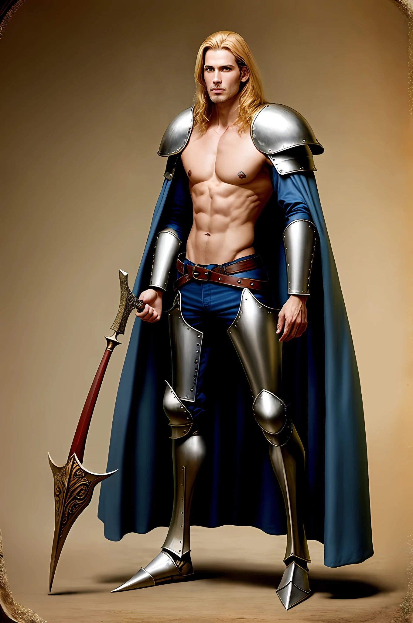 Arafed male in armor with a sword and shield, attractive male with armor, fantasy character photo, attractive beefy male with armor, male warrior, full portrait of magic knight, fantasy warrior in full armor, strong fantasy knight, wearing heavy armor with cape, male paladin, fantasy warrior, wearing fantasy armor, very elegant fantasy armor,  Medieval armor