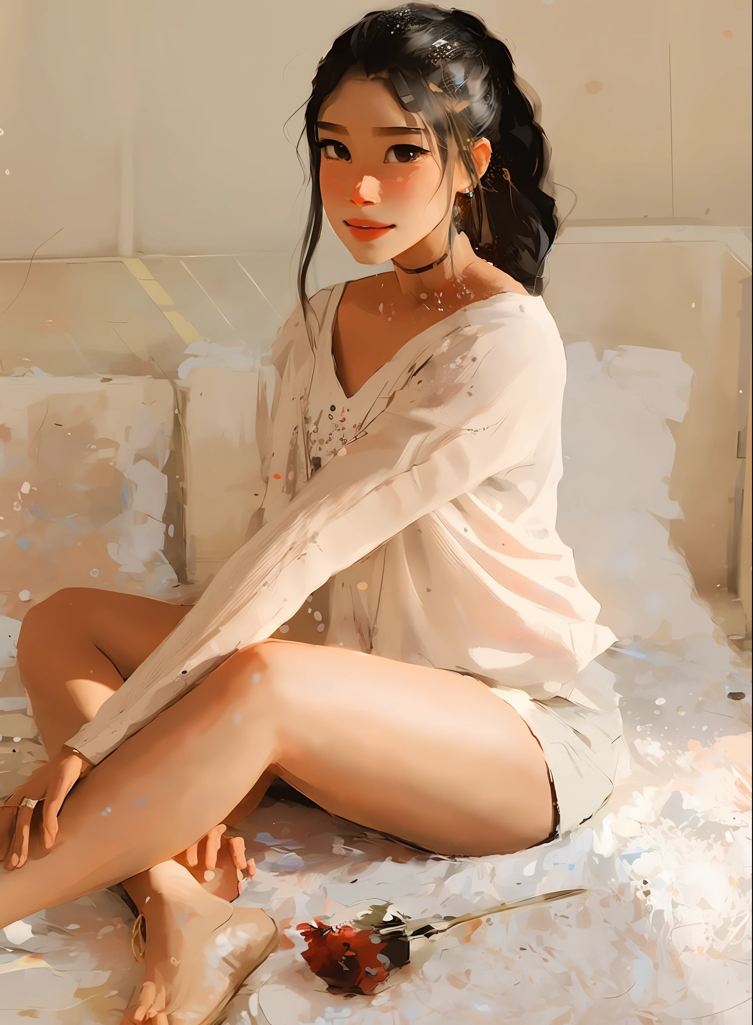 samdoesarts; award winning half body portrait of a beautiful woman in a croptop and cargo pants, military boots, standing on the street faint smile, paint splashes, hair in a bun, splatter, outrun, vaporware, digital art, trending on artstation, highly detailed, fine detail, intricate