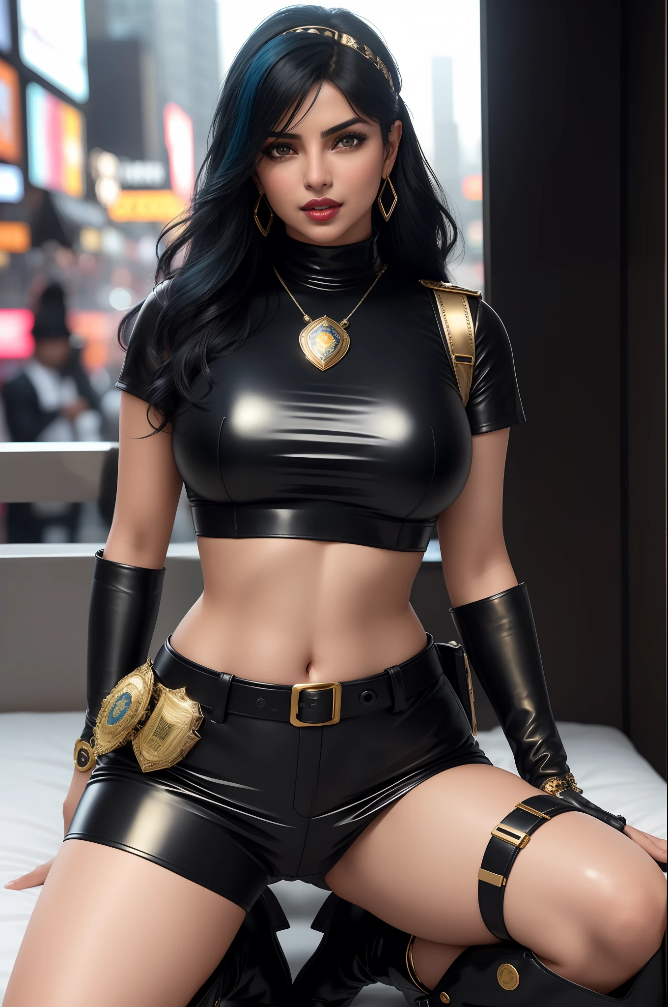 priyanka chopra super sexy, with long black hair at hip height, dressed as an FBI cop, with cap, red lipstick, wearing sunglasses, sucking on a lollipop, with a sensual expression, in an open police uniform showing her breasts, topless, solo, erotic, obscene, sexy, big tits, sexy belly, ((sexy_pose)) smiling wearing (transparent saree) lying in bed at midnight,  full body (city, street, Times Square, long hair, photorealistic, 1girl, fighter, erotic pose, ), best quality, intricate details, looking at the viewer, ultra realistic 8k CG, perfect face, flawless, clean, masterpiece, professional artwork, famous art, cinematic lighting, cinematic flower, perfect face, beautiful face, beautiful eyes, ((perfect female body, narrow waist)), blurred background, boots, breasts, cowboy boots,  cowboy, headgear, headband, crowd, depth of field, fingerless gloves, gloves, lacy gloves, large breasts, leather, leather gloves, looking at the viewer, toned body, sunlight, jewelry, (dynamic angle:1.2), (dynamic pose:1.2)
lace, fish net, lace trim, hair ornament, gold necklace, earrings, bracelet, armband,
((dark blue hair, blue short-sleeved police uniform, fitted design, gold trim, brass buttons, double chest, turtleneck, black and gold belt, black leather gloves, police badge, utility belt with pockets, handcuffs, ammunition, blue pants, knee-length black leather boots with gold details, robust and practical design))