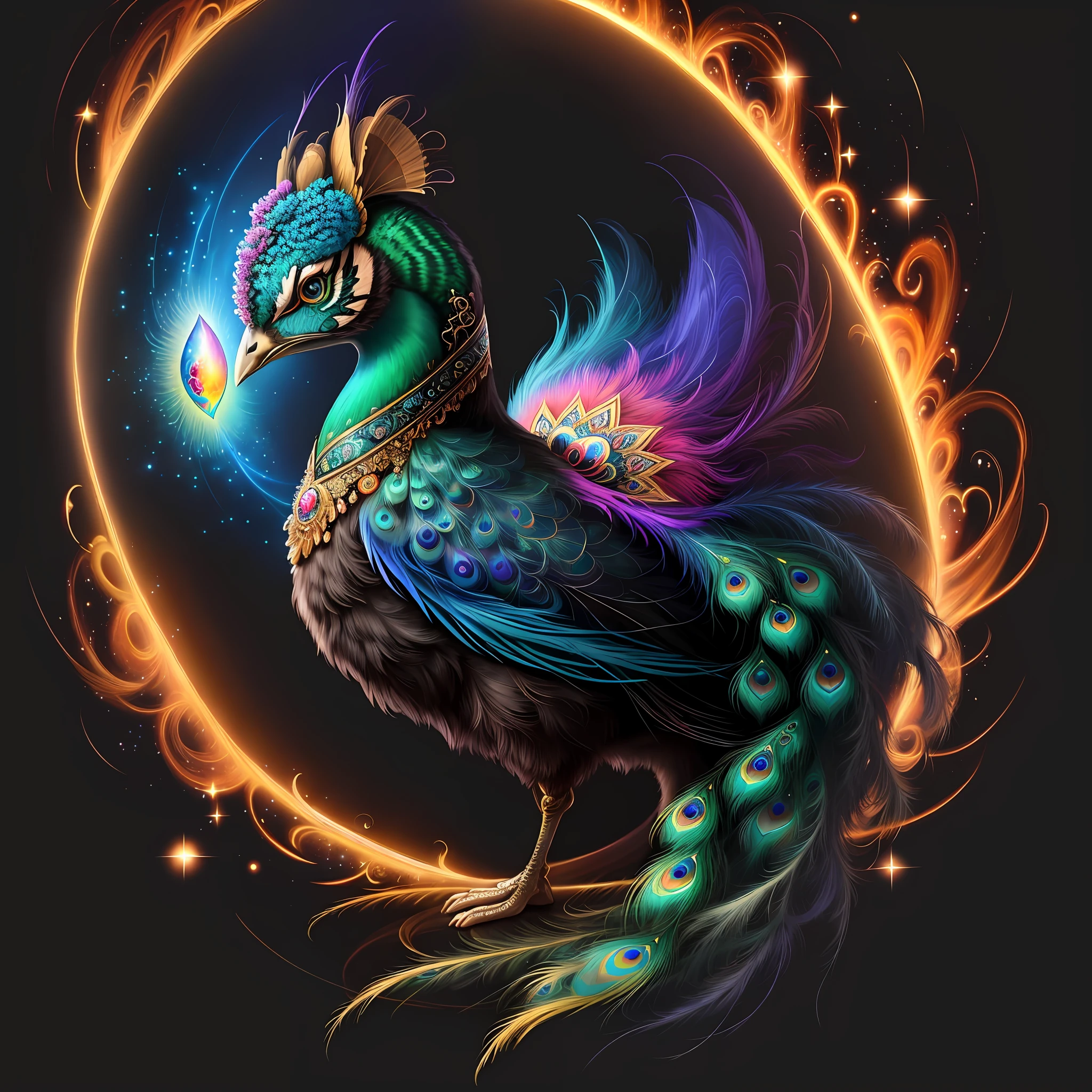 a painting of a colorful peacock on a black background,, breathtaking rendering, within a radiant connection, inspired by Kinuko Y. Craft,, magical elements, kitten icon, wow, is beautiful, casting a multi colorful spell, bright flash, flash