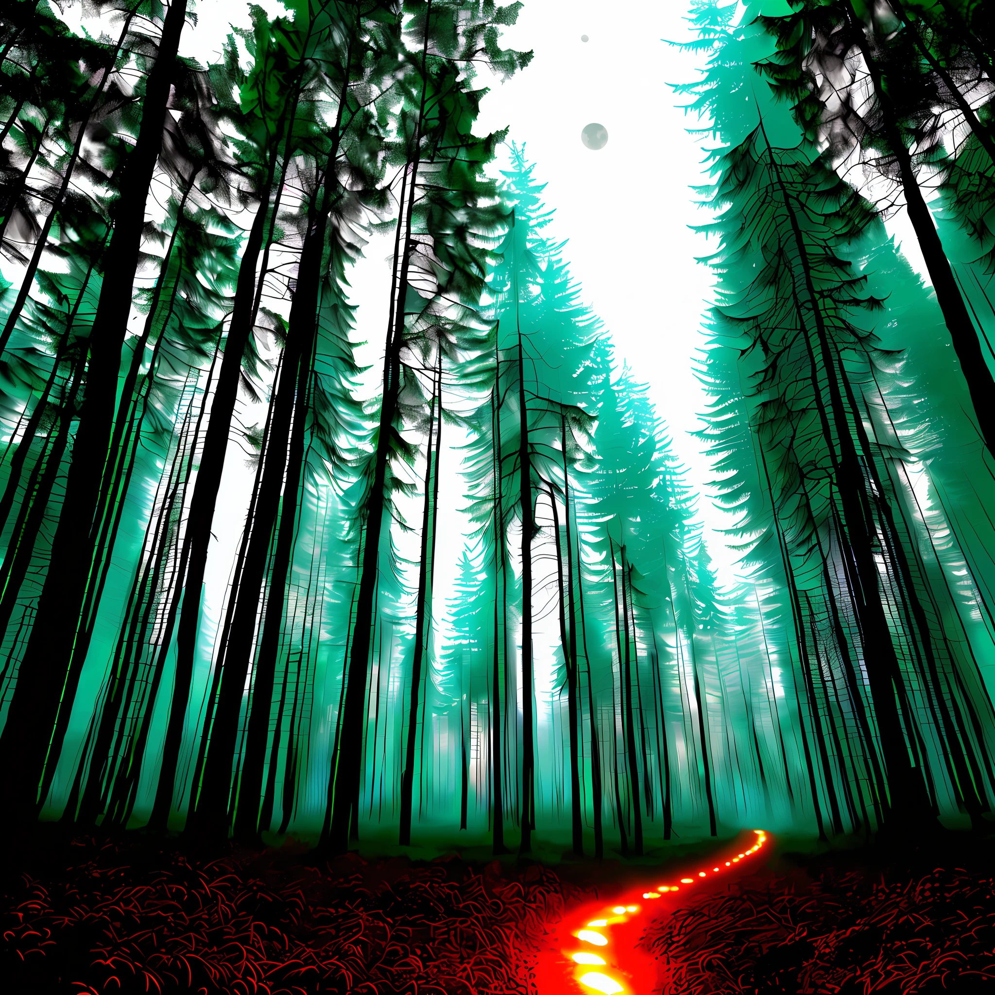 Wire view of a path in a dark forest,lunar eclipse,red moon shining through the trees, an image of a forest illuminated by the moon, deep forest in the night, ray light of the forest, magical forest around, mysterious forest, in the middle of the dark forest, forest environment illuminated by the lunar eclipse, mystical forest, in a dark forest low light,  mysterious and frightening forest, Surreal Forest