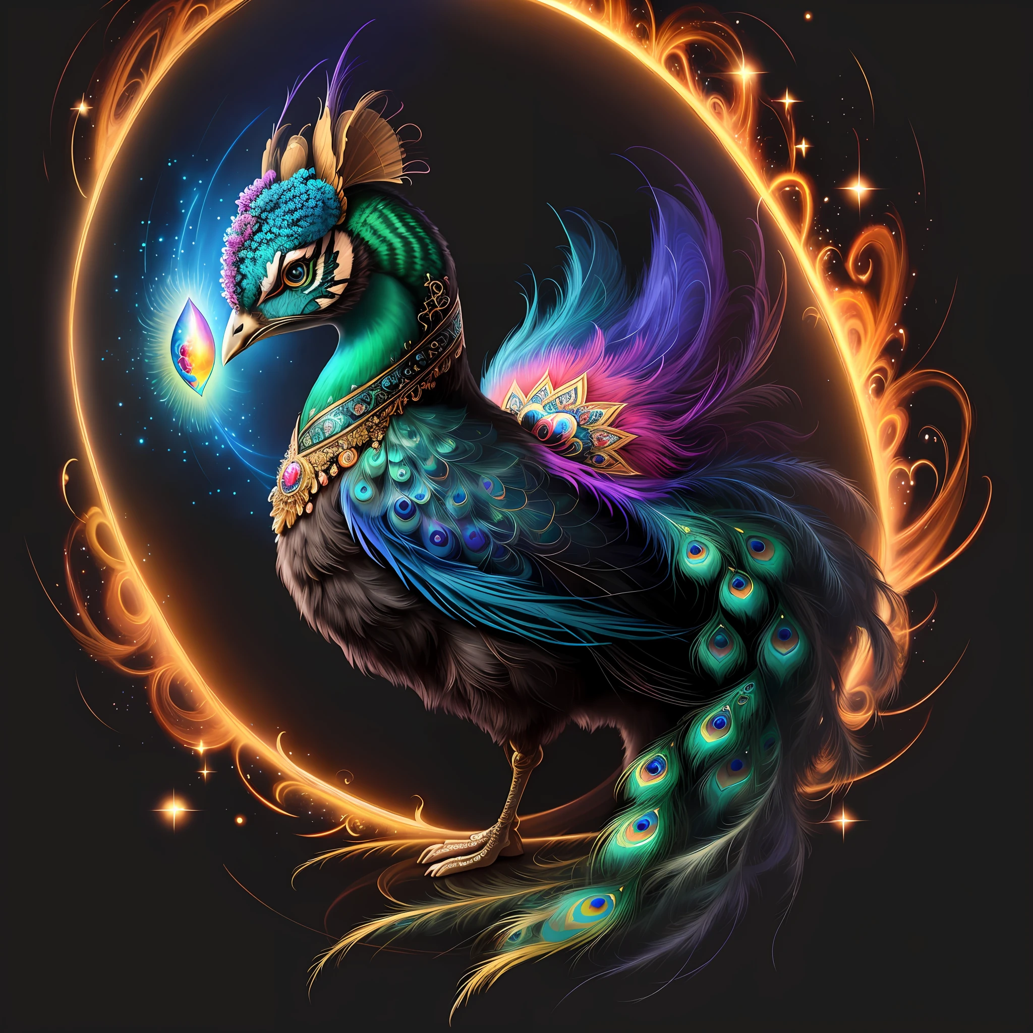 a painting of a colorful peacock on a black background,, breathtaking rendering, within a radiant connection, inspired by Kinuko Y. Craft,, magical elements, kitten icon, wow, is beautiful, casting a multi colorful spell, bright flash, flash