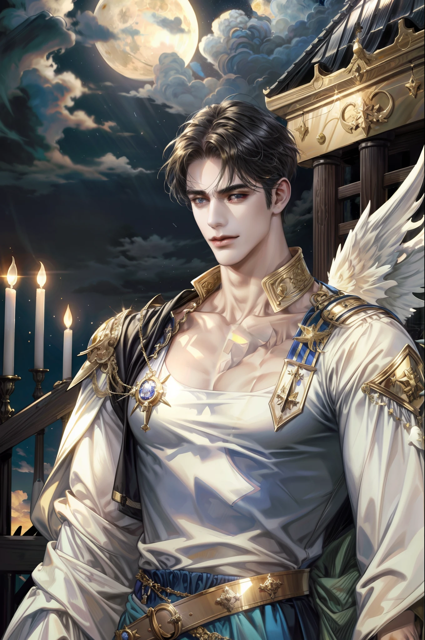 absurdres, highres, ultra detailed), 1 male, adult, handsome, tall muscular guy, broad shoulders, finely detailed eyes,  looking down, solo, upper body, detailed background, detailed face, cloud, angel, heaven, moon, light smile, no top anything, long skirt, gold waist chain, bright gold belt, medieval fantasy setting, high fantasy, heaven, cloud,    angel,      moon, star, fantastic, closed mouth, upper body