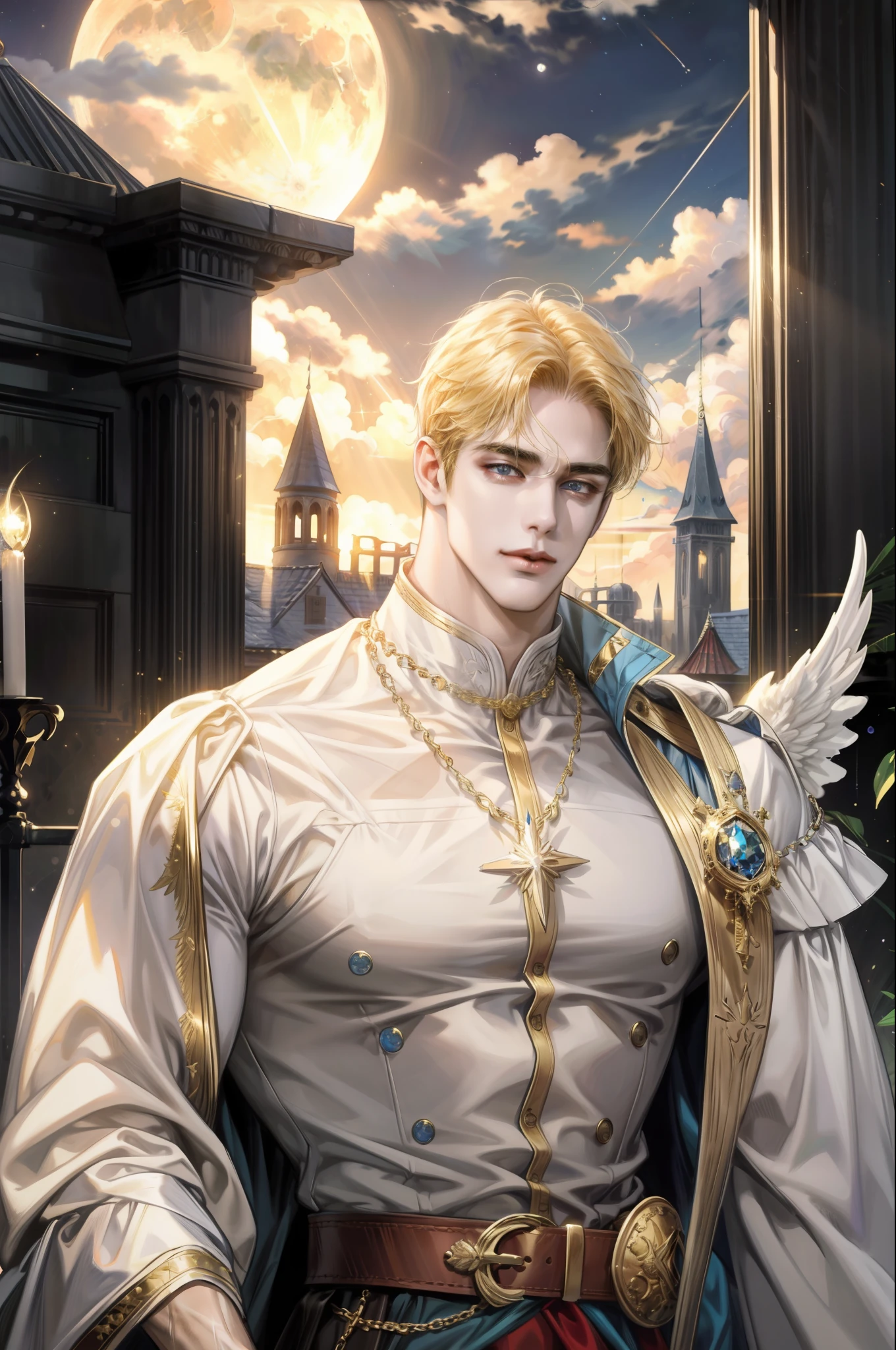 absurdres, highres, ultra detailed), 1 male, adult, handsome, tall muscular guy, broad shoulders, finely detailed eyes,  looking down, solo, upper body, detailed background, detailed face, cloud, angel, heaven, moon, light smile, no top anything, long skirt, gold waist chain, bright gold belt, medieval fantasy setting, high fantasy, heaven, cloud,    angel,      moon, star, fantastic, closed mouth, upper body