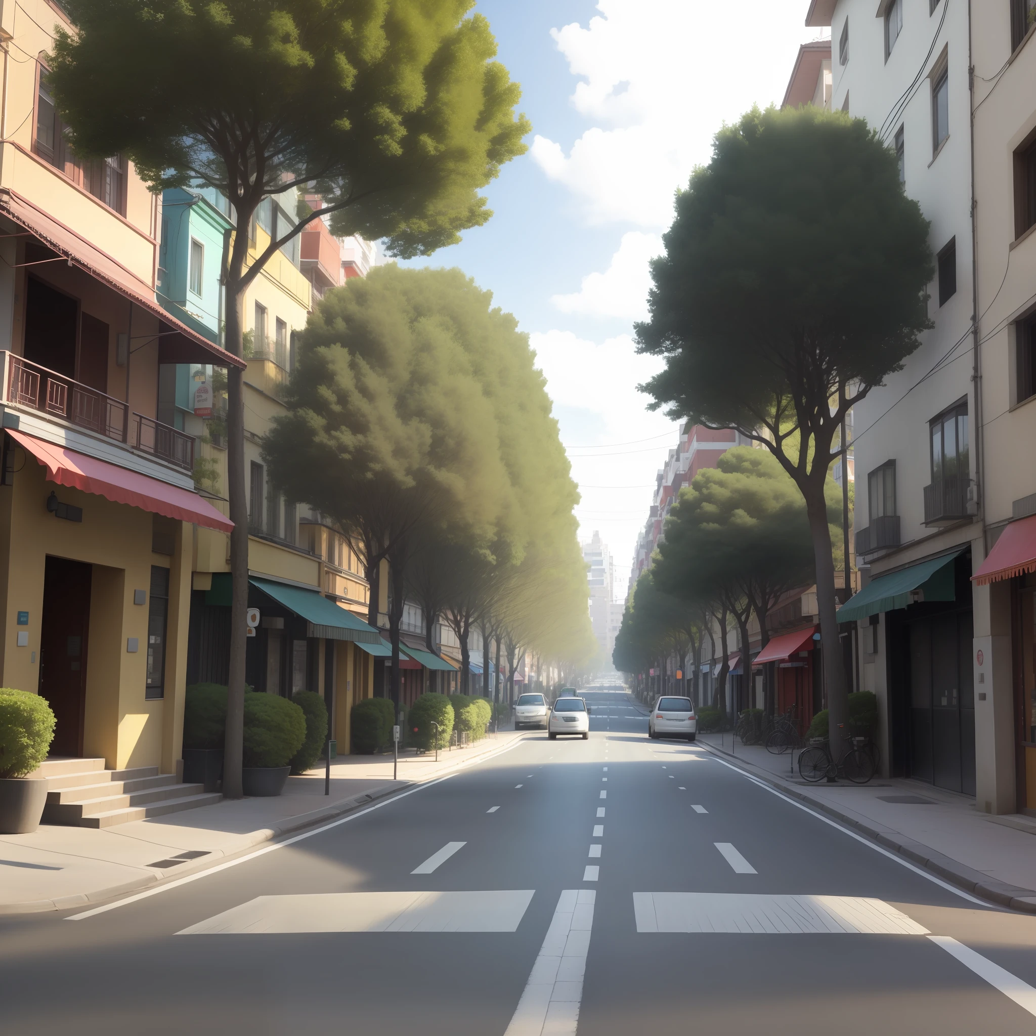 A large street with a width of fifty meters, a middle island in the street, trees in the middle of the street, asphalt, cars passing in the street