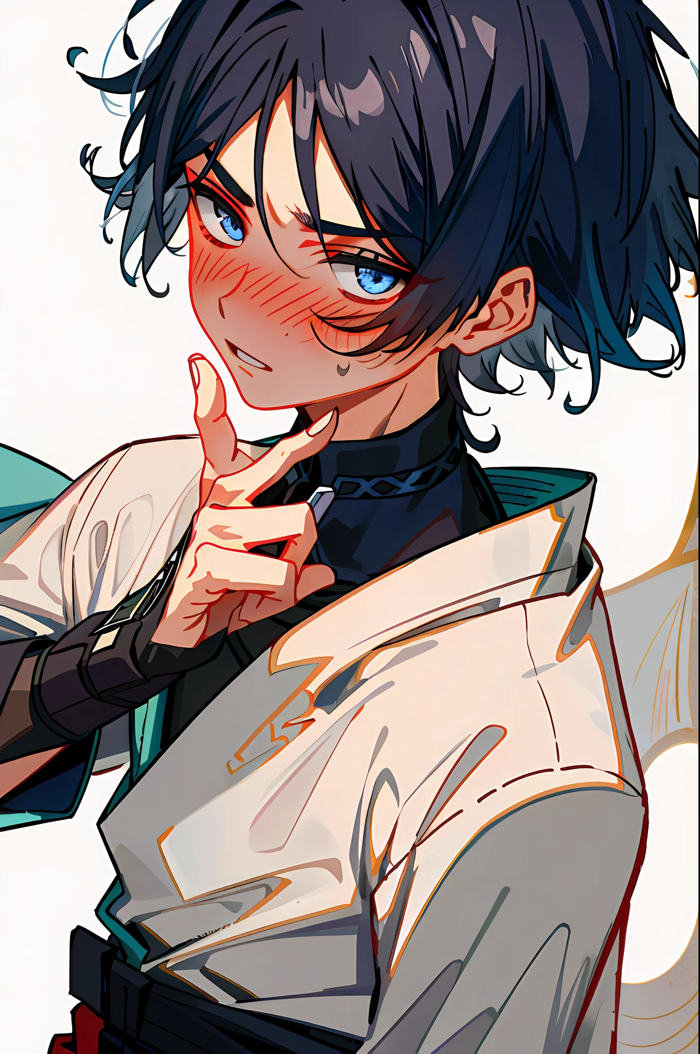 Wanderer, 1male, solo, short_hair, (soft blushing), simple_background, giving his hand to the viewer, front, detailed face, detailed hair, detailed clothes