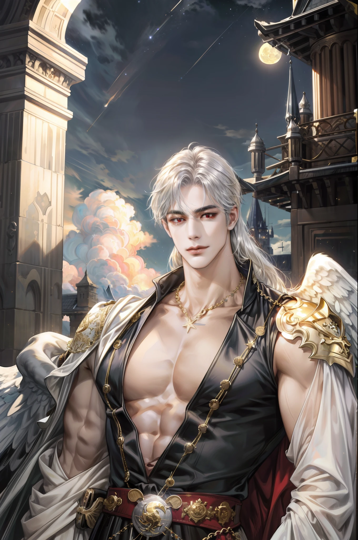 absurdres, highres, ultra detailed), 1 male, adult, handsome, tall muscular guy, broad shoulders, finely detailed eyes,  looking down, solo, upper body, detailed background, detailed face, cloud, angel, heaven, moon, light smile, no top anything, long skirt, gold waist chain, bright gold belt, medieval fantasy setting, high fantasy, heaven, cloud,    angel,      moon, star, fantastic, closed mouth, upper body, silver long hair, red eyes