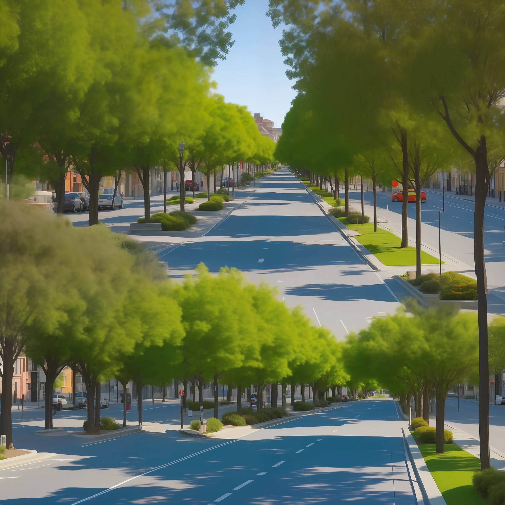 Generate an image of a street with a median strip in the center. The street should be a typical urban street with buildings on either side, and the median strip should be filled with green vegetation and flowers. The image should be bright and sunny, with a clear blue sky in the background. The street should be busy with cars and pedestrians, and the image should convey a sense of safety and order thanks to the presence of the median strip. create a high-quality and realistic image that captures the essence of a typical street with a median strip.
