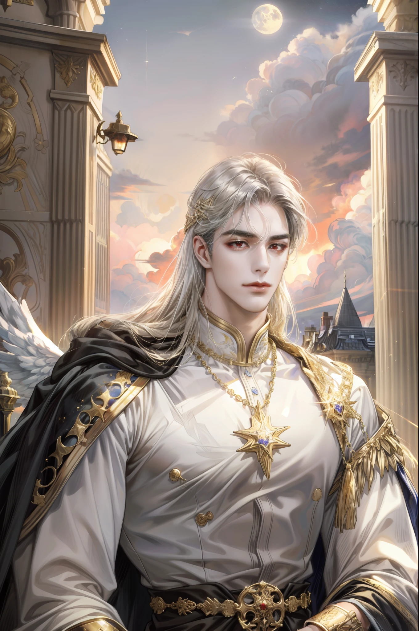 absurdres, highres, ultra detailed), 1 male, adult, handsome, tall muscular guy, broad shoulders, finely detailed eyes,  looking down, solo, upper body, detailed background, detailed face, cloud, angel, heaven, moon, light smile, no top anything, long skirt, gold waist chain, bright gold belt, medieval fantasy setting, high fantasy, heaven, cloud,    angel,      moon, star, fantastic, closed mouth, upper body, silver long hair, red eyes