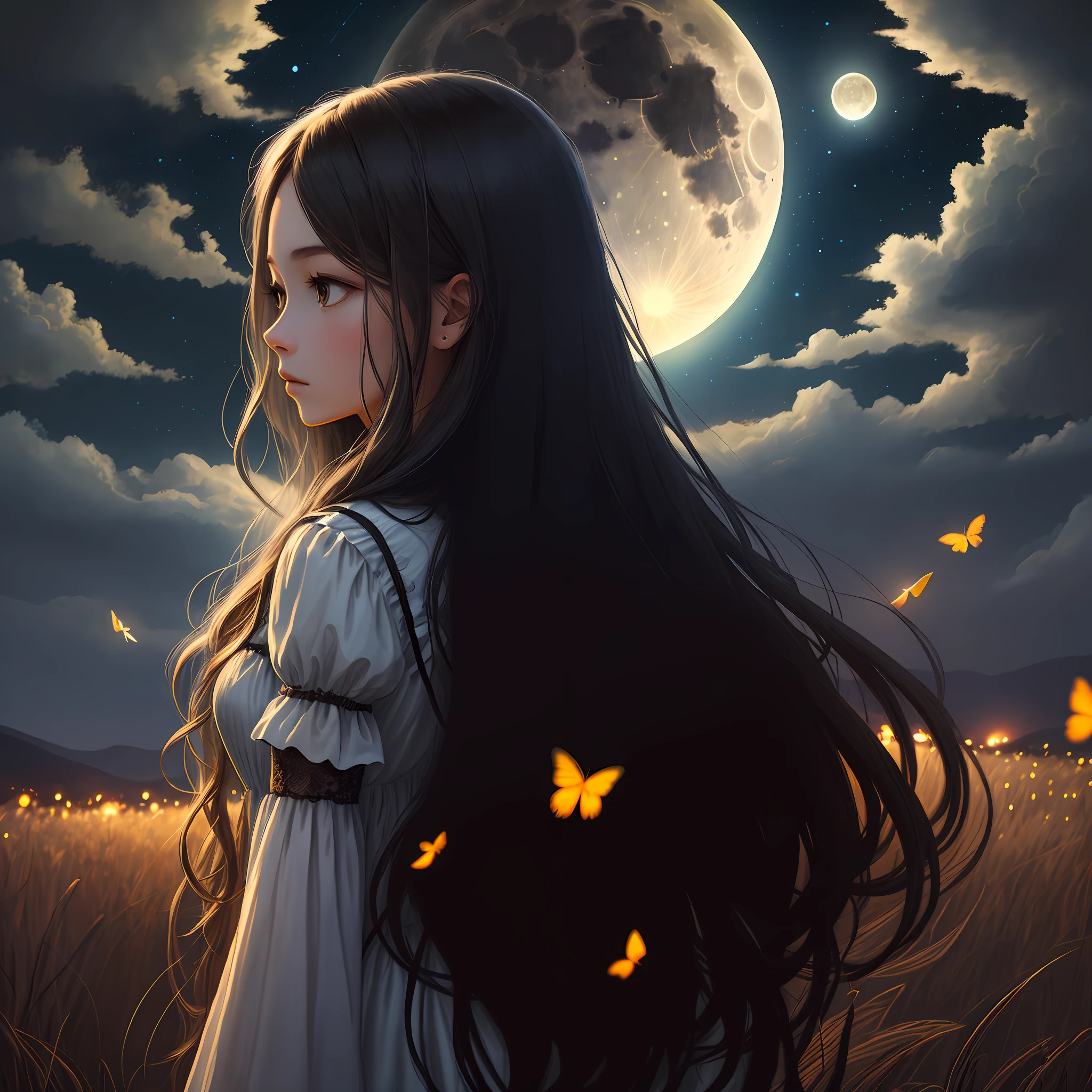 Masterpiece, Best Quality, Night, Hill, Clouds, Full Moon, Long Hair, Woman, Silhouette, Fireflies.