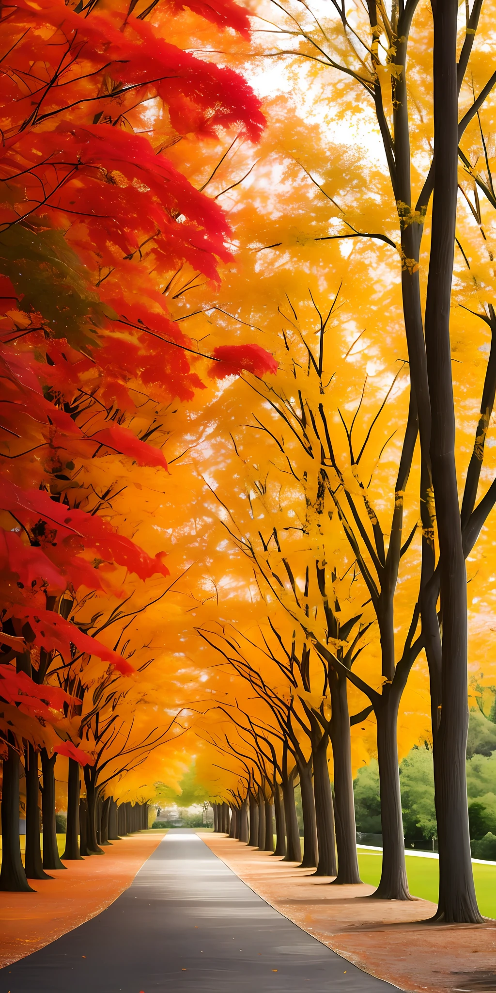 Generate an image of a landscape with trees full of colorful leaves. The camera angle should be from the front, highlighting the trees in the foreground. Focus on the leaves in shades of red, orange and yellow. Center the image to emphasize the beauty of the featured trees. The desired style is a realistic style, with defined lines for the shapes of the trees and details on the leaves. The image should be in black and white, with no colors."