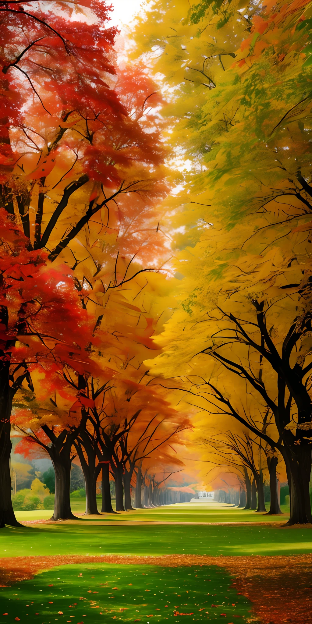 Generate an image of a landscape with trees full of colorful leaves. The camera angle should be from the front, highlighting the trees in the foreground. Focus on the leaves in shades of red, orange and yellow. Center the image to emphasize the beauty of the featured trees. The desired style is a realistic style, with defined lines for the shapes of the trees and details on the leaves. The image should be in black and white, with no colors."
