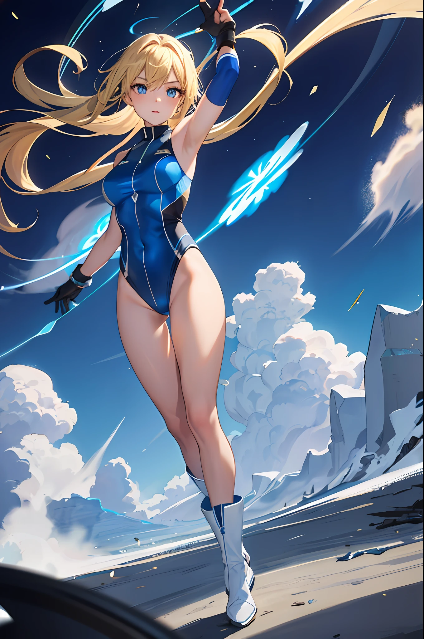 masterpiece, best quality, highres, 1girl, solo, superhero, leotard, bare legs, boots, matching boots, aura, blue aura, sleeveless, gloves, bracelets, matching gloves, looking at viewer, light particles, city backdrop, perfect hands, perfect eyes, powering up, perfect leotard, perfect legs, perfect arms, perfect fingers, blue and white leotard, blonde hair, blue eyes, medium breasts, long hair, spinning, tornado spin, whirlwind, wind particles, light swirls, tornado, hurricane spin,